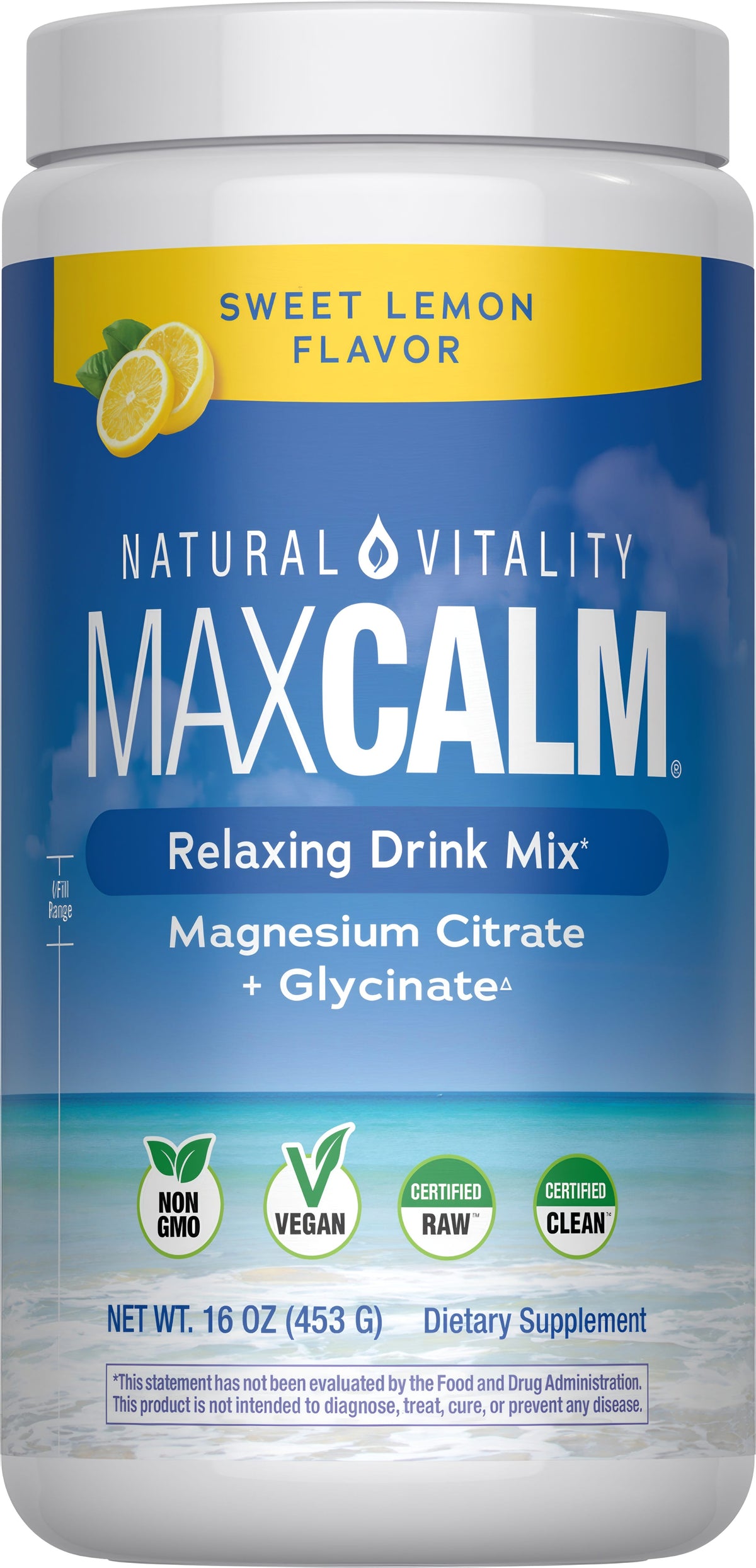 MaxCalm Sweet Lemon Flavor Drink Mix with Magnesium Citrate and Glycinate, 16 OZ (453 G) Dietary Supplement.