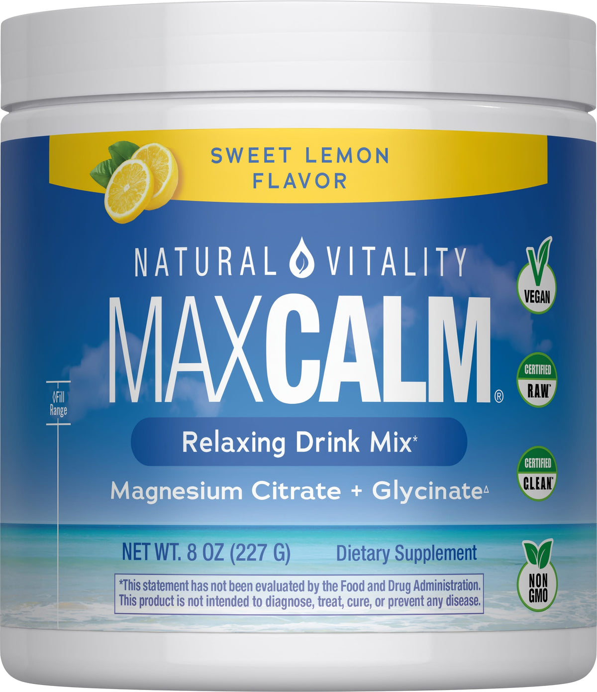 MAXCALM Drink Mix in Sweet Lemon flavor, featuring Magnesium Citrate and Glycinate, 8 OZ, Vegan, Certified Clean, Non GMO.