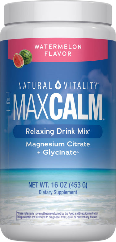Natural Vitality MaxCalm Watermelon Flavor is a relaxing drink mix with magnesium citrate and glycinate, 16 oz (453 g).