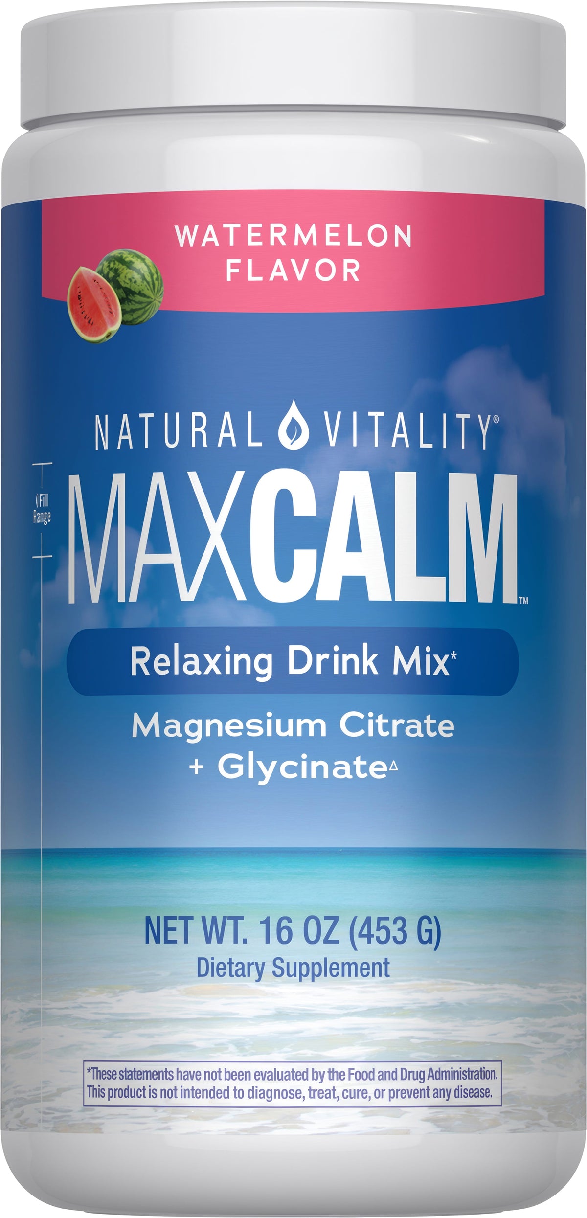 Natural Vitality MaxCalm Watermelon Flavor is a relaxing drink mix with magnesium citrate and glycinate, 16 oz (453 g).