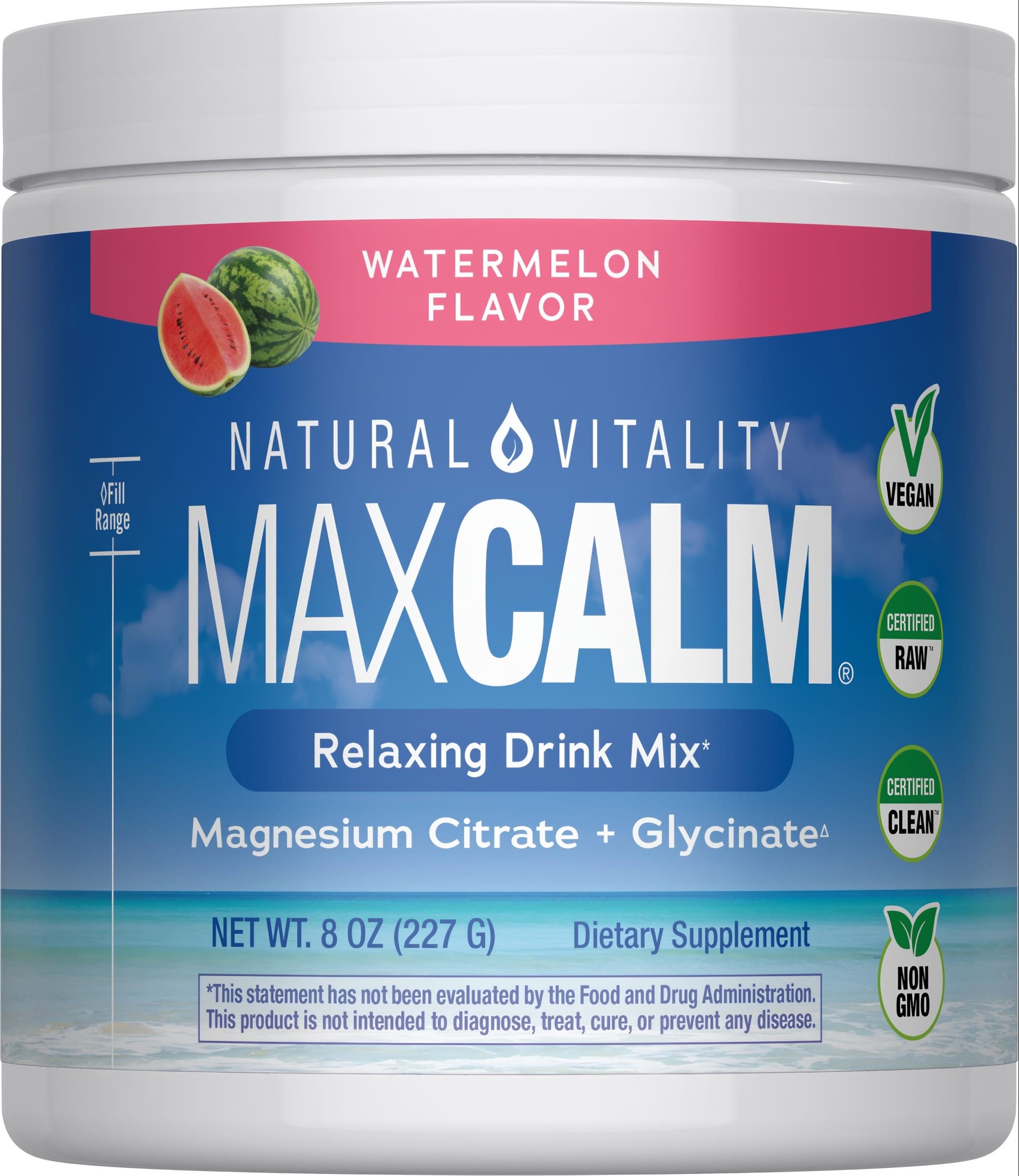 Natural Vitality MAXCALM Watermelon Flavor relaxing drink mix with magnesium citrate and glycinate, 8 OZ (227 G).