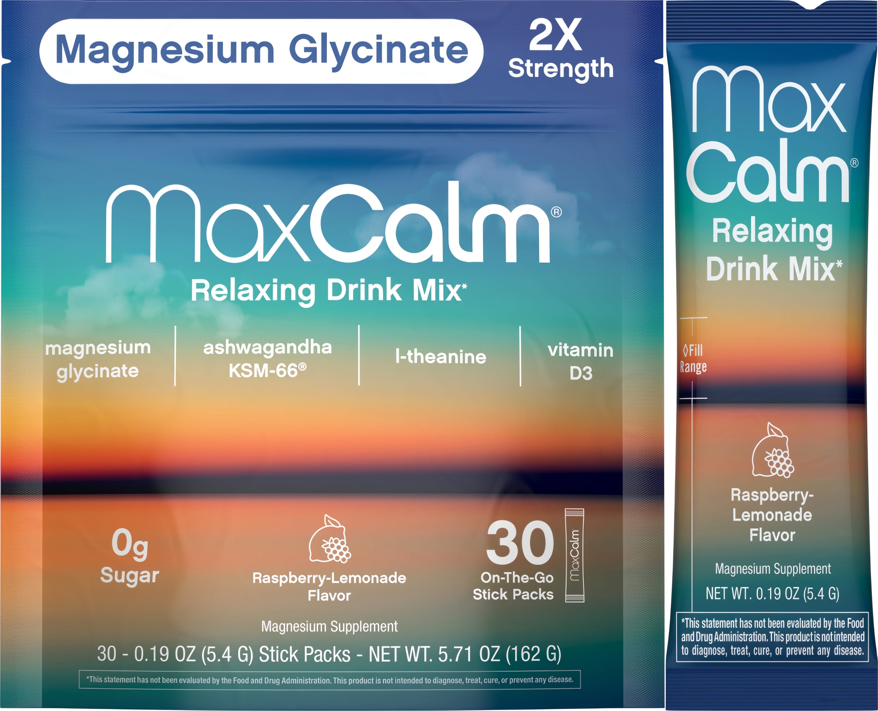MaxCalm Magnesium Glycinate 2X Strength relaxing drink mix, raspberry-lemonade flavor, 30 stick packs, 5.71 oz (162 g).
