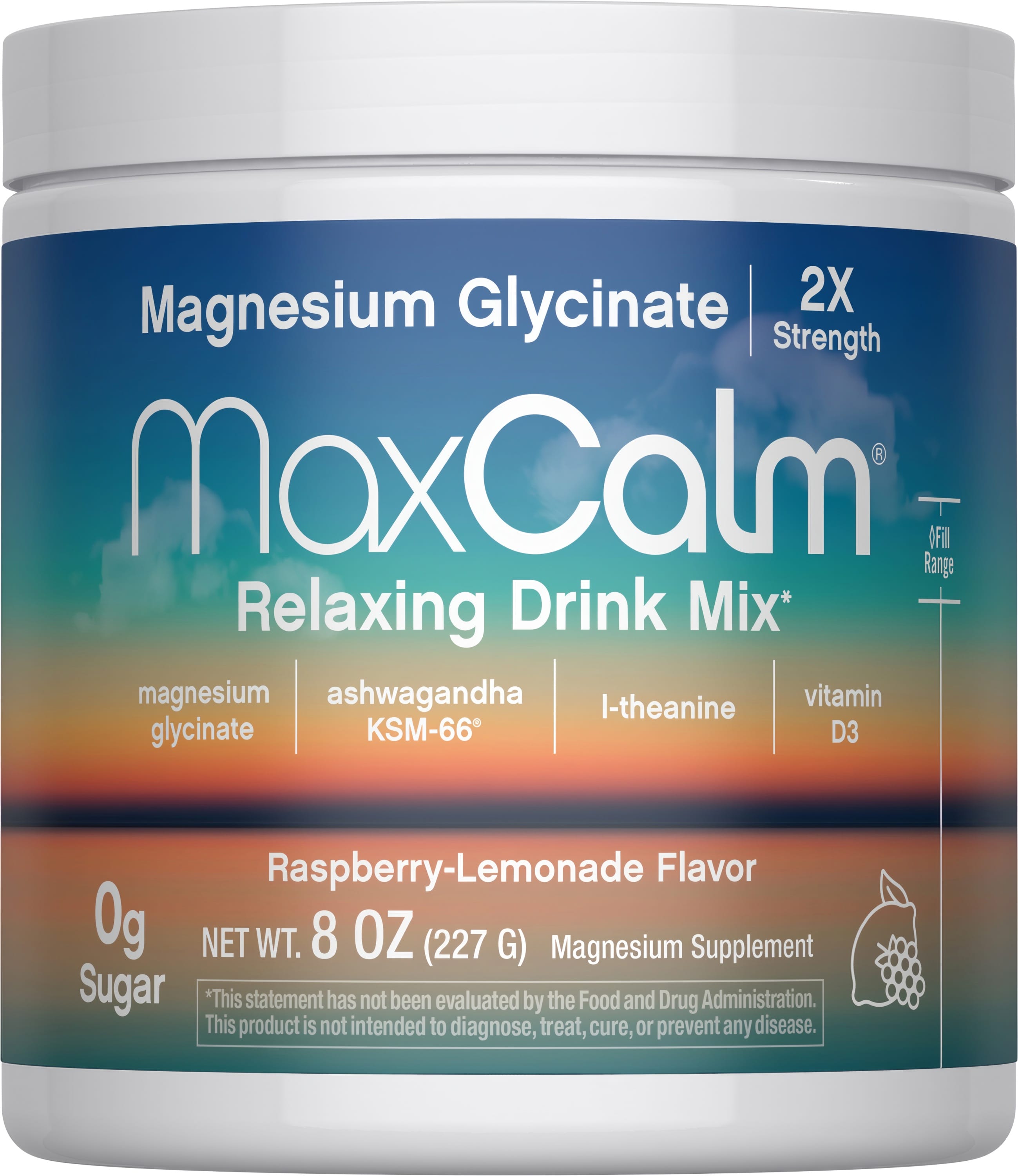 Magnesium Glycinate MaxCalm Relaxing Drink Mix, double strength, Raspberry-Lemonade flavor, 8 oz.