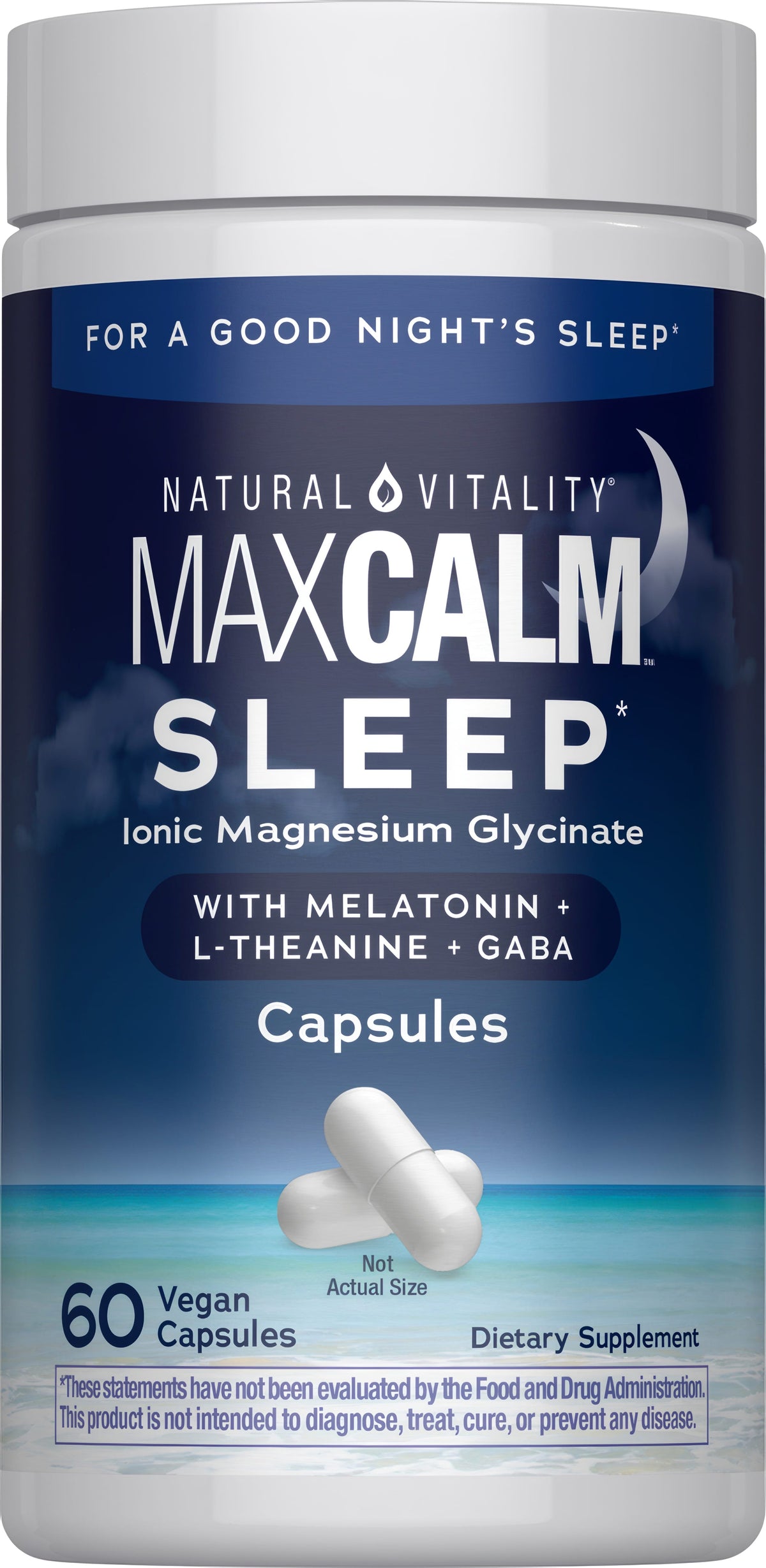 Natural Vitality MaxCalm Sleep, ionic magnesium glycinate with melatonin, L-Theanine, and GABA, 60 vegan capsules.