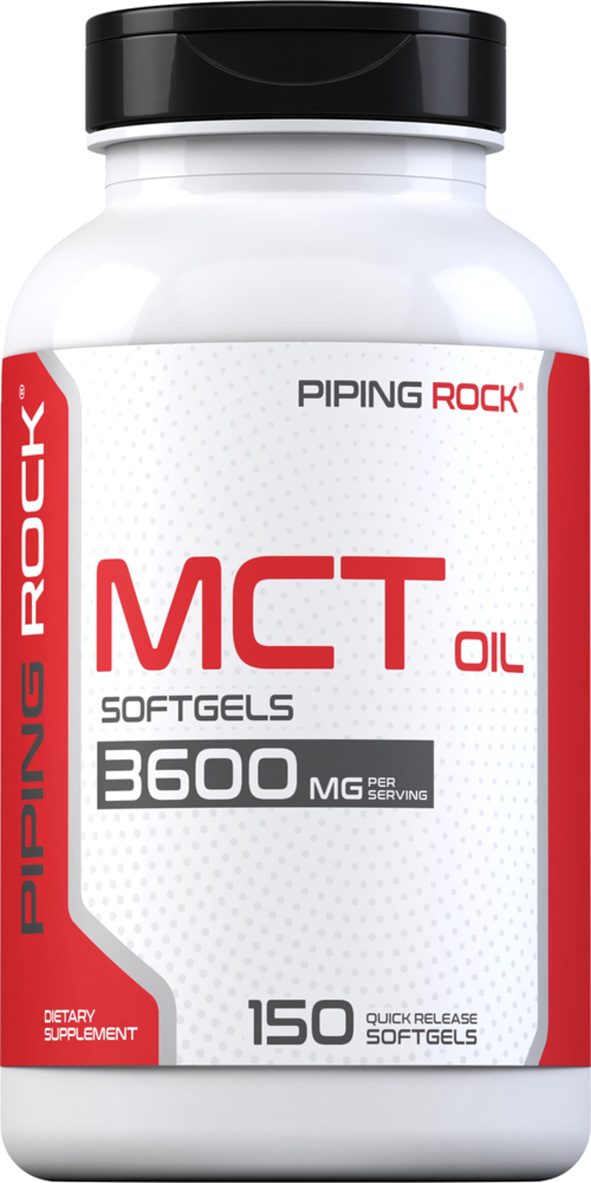 MCT Oil Softgels provide 3600 mg per serving with 150 quick-release softgels in the bottle.