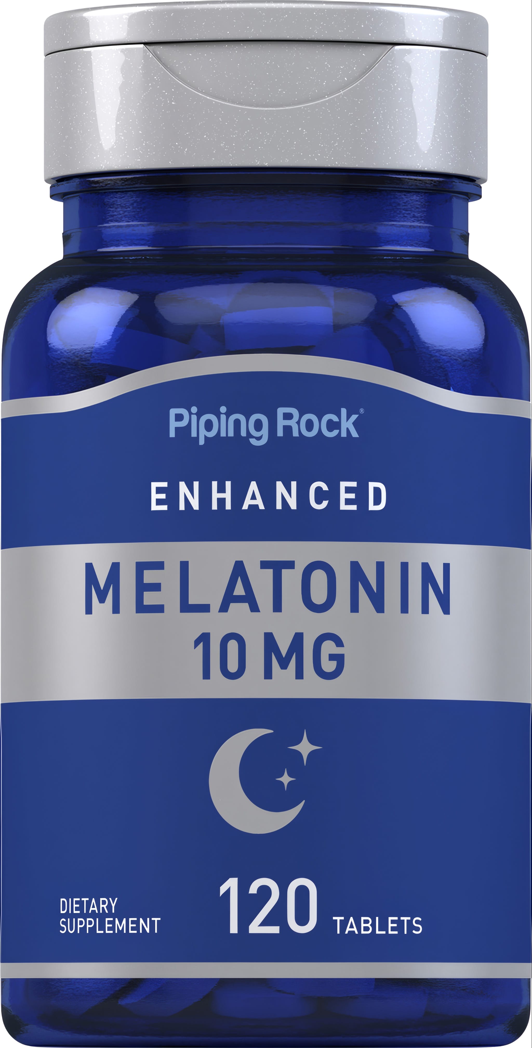 A bottle of 120 tablets containing 10 mg Melatonin.