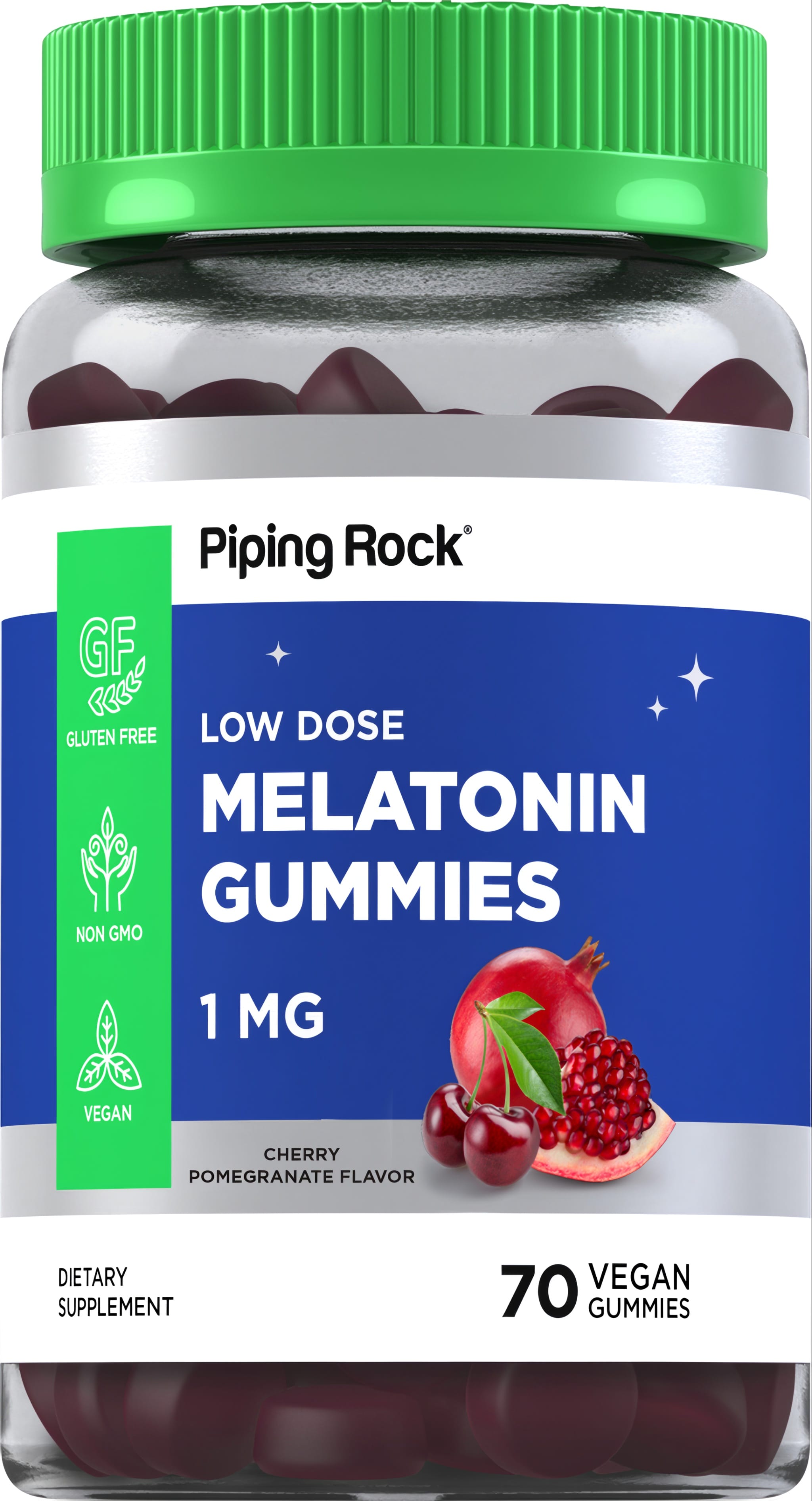 Low Dose Melatonin Gummies, 1 MG, Cherry Pomegranate Flavor. 70 vegan gummies. Gluten-free, non-GMO dietary supplement.