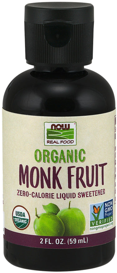 Now Foods Real Food Organic Monk Fruit Liquid Sweetener, zero-calorie, 2 fl oz bottle.