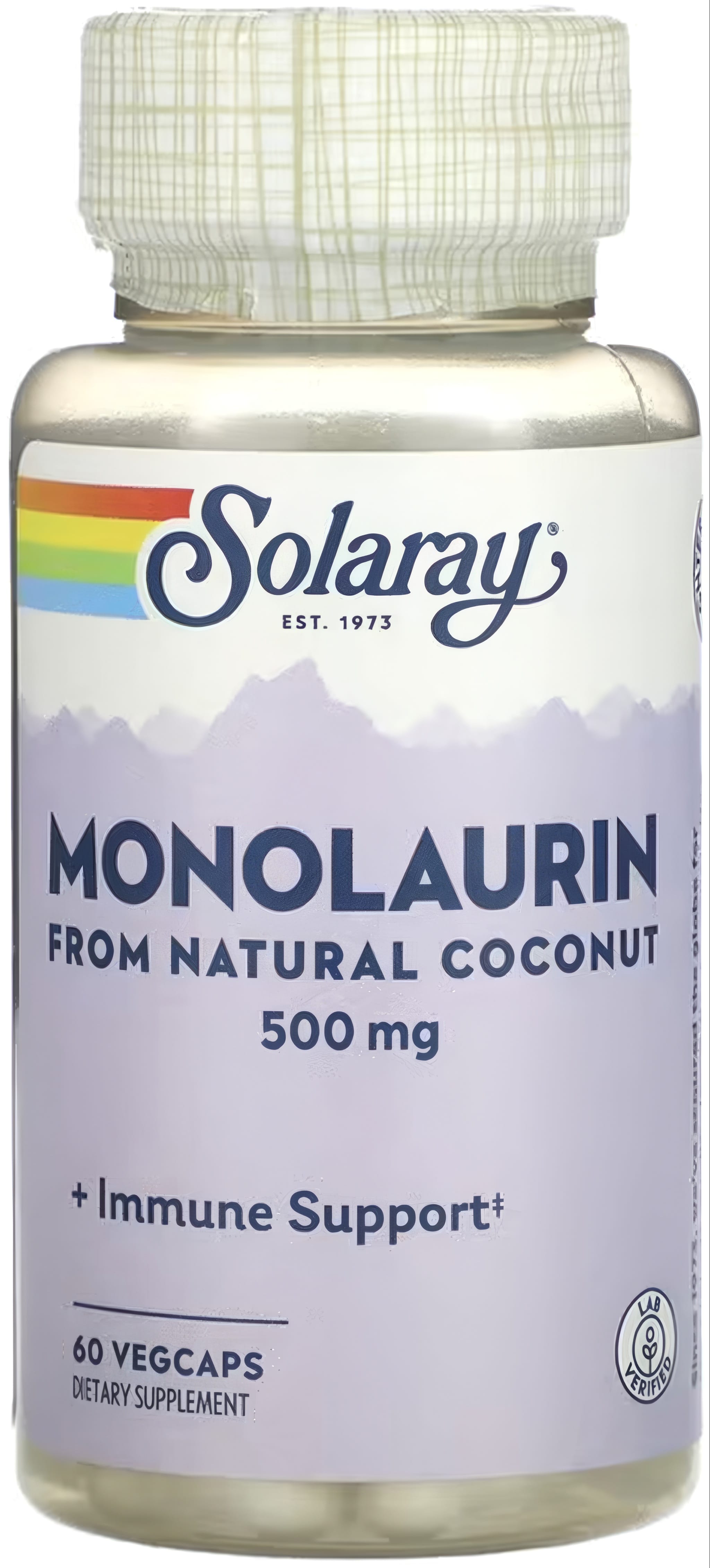 Solaray Monolaurin 500 mg from natural coconut with immune support, 60 VegCaps dietary supplement. Lab verified.