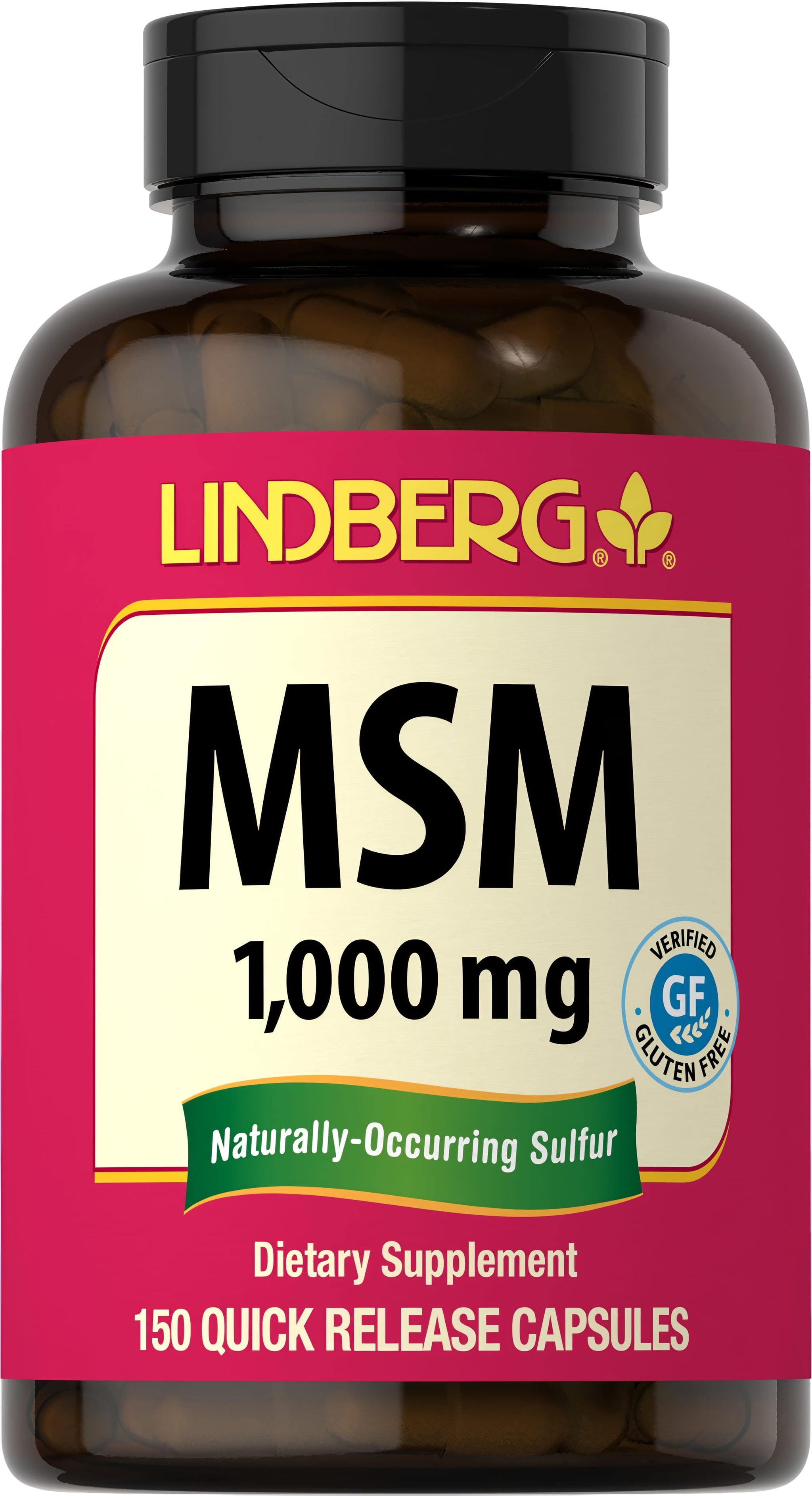MSM 1,000 mg supplement bottle containing 150 quick release capsules.
