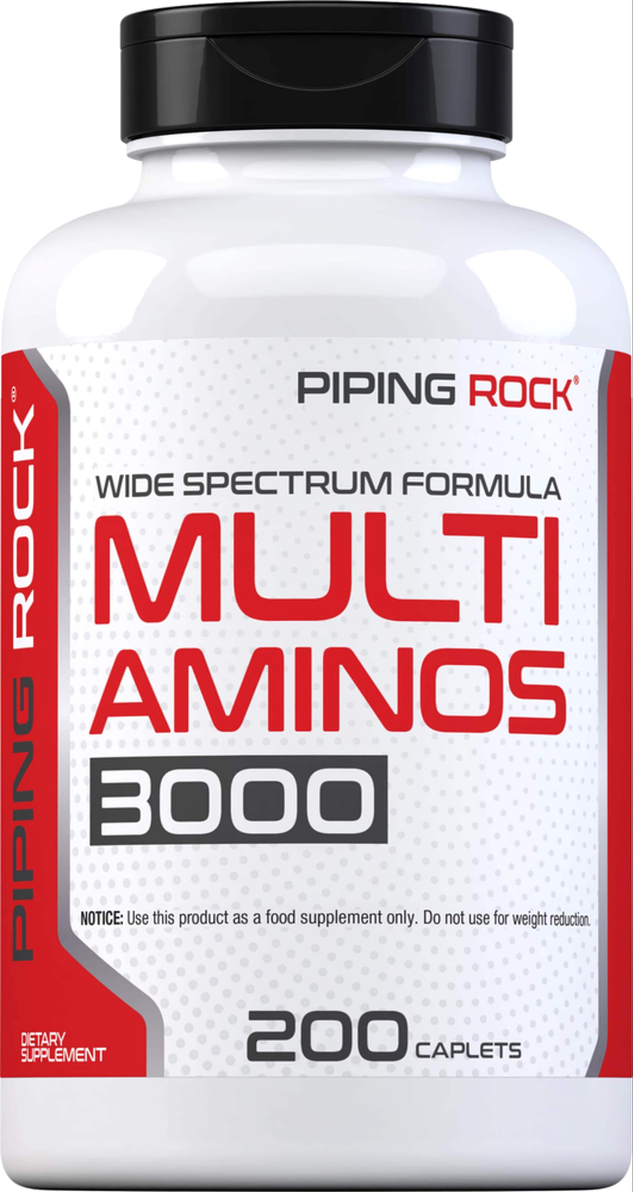 A bottle of Multi Aminos 3000 with 200 caplets, providing essential amino acids for nutritional support.