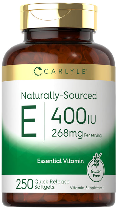 Carlyle Naturally-Sourced Vitamin E 400 IU with 250 Quick Release Softgels, gluten free, 268mg per serving.