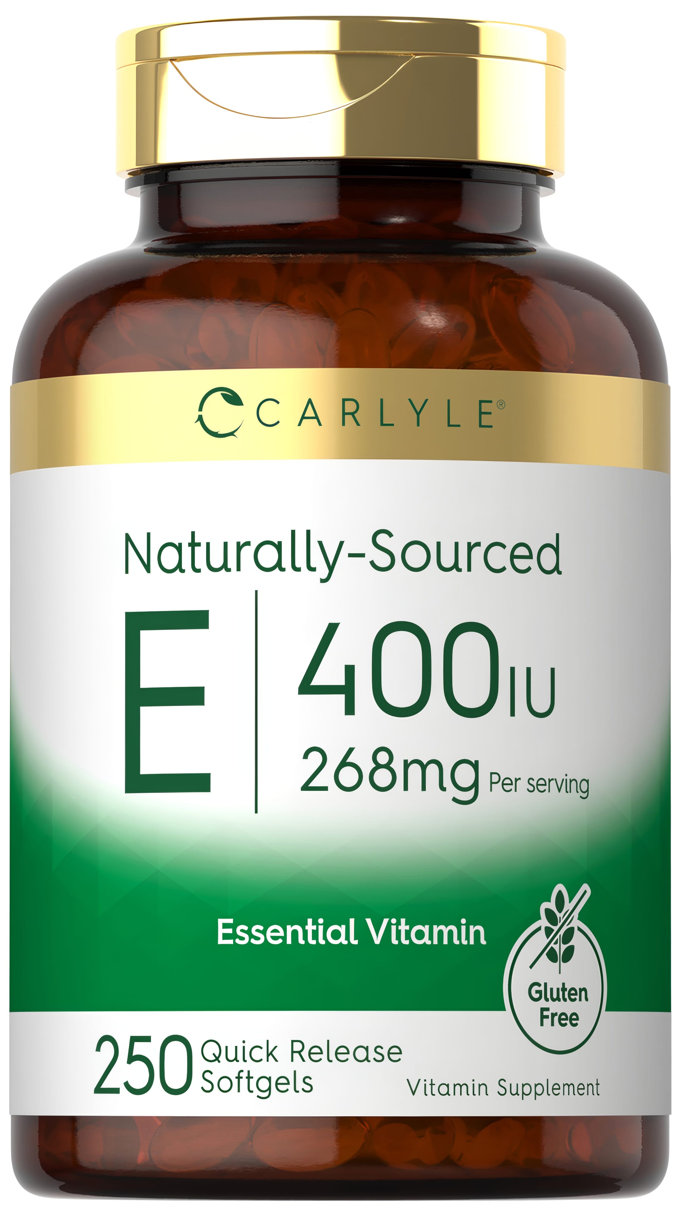 Carlyle Naturally-Sourced Vitamin E 400 IU with 250 Quick Release Softgels, gluten free, 268mg per serving.