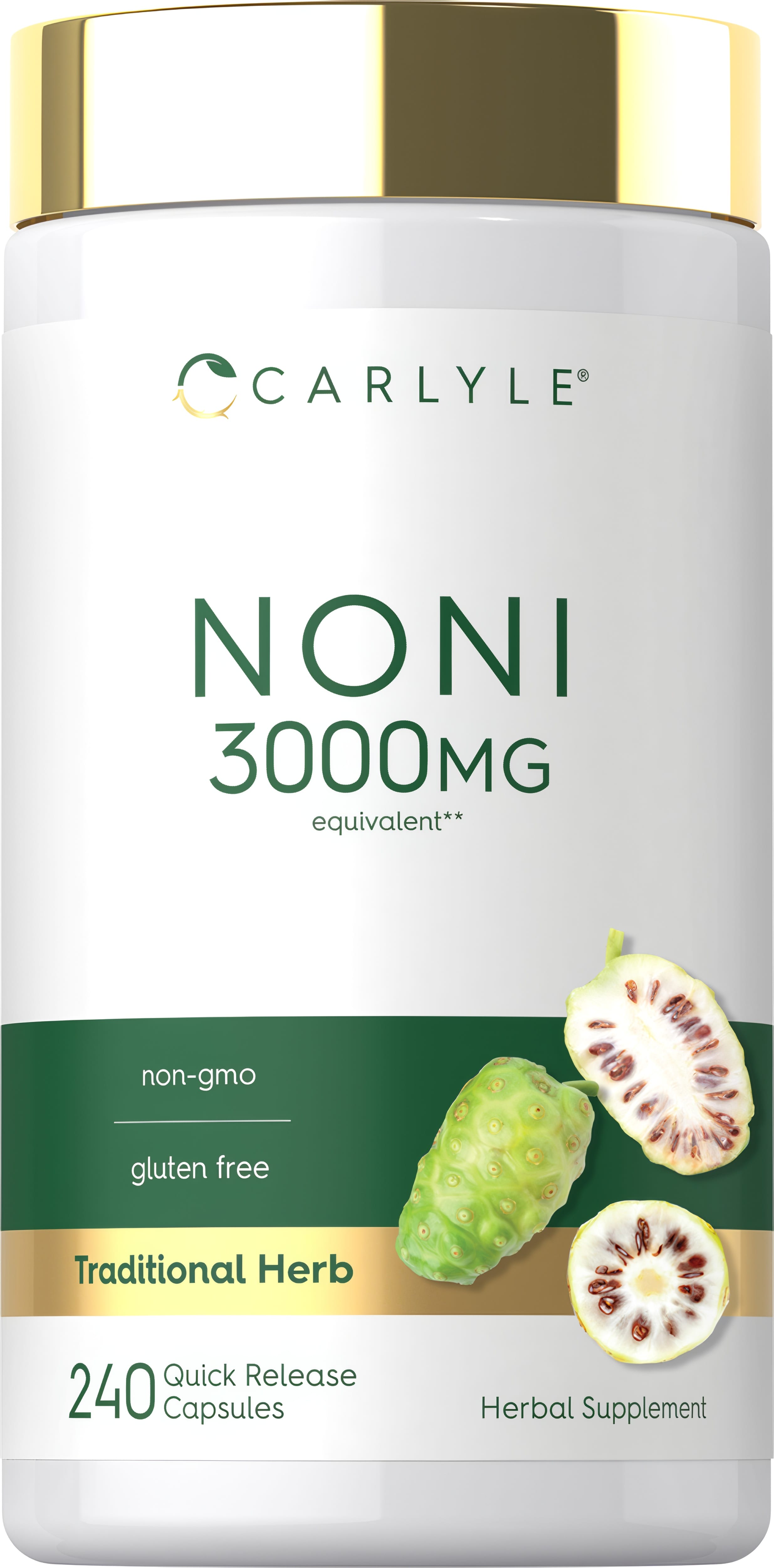 Carlyle Noni 3000MG equivalent, 240 Quick Release Capsules. Non-GMO, gluten-free traditional herbal supplement.