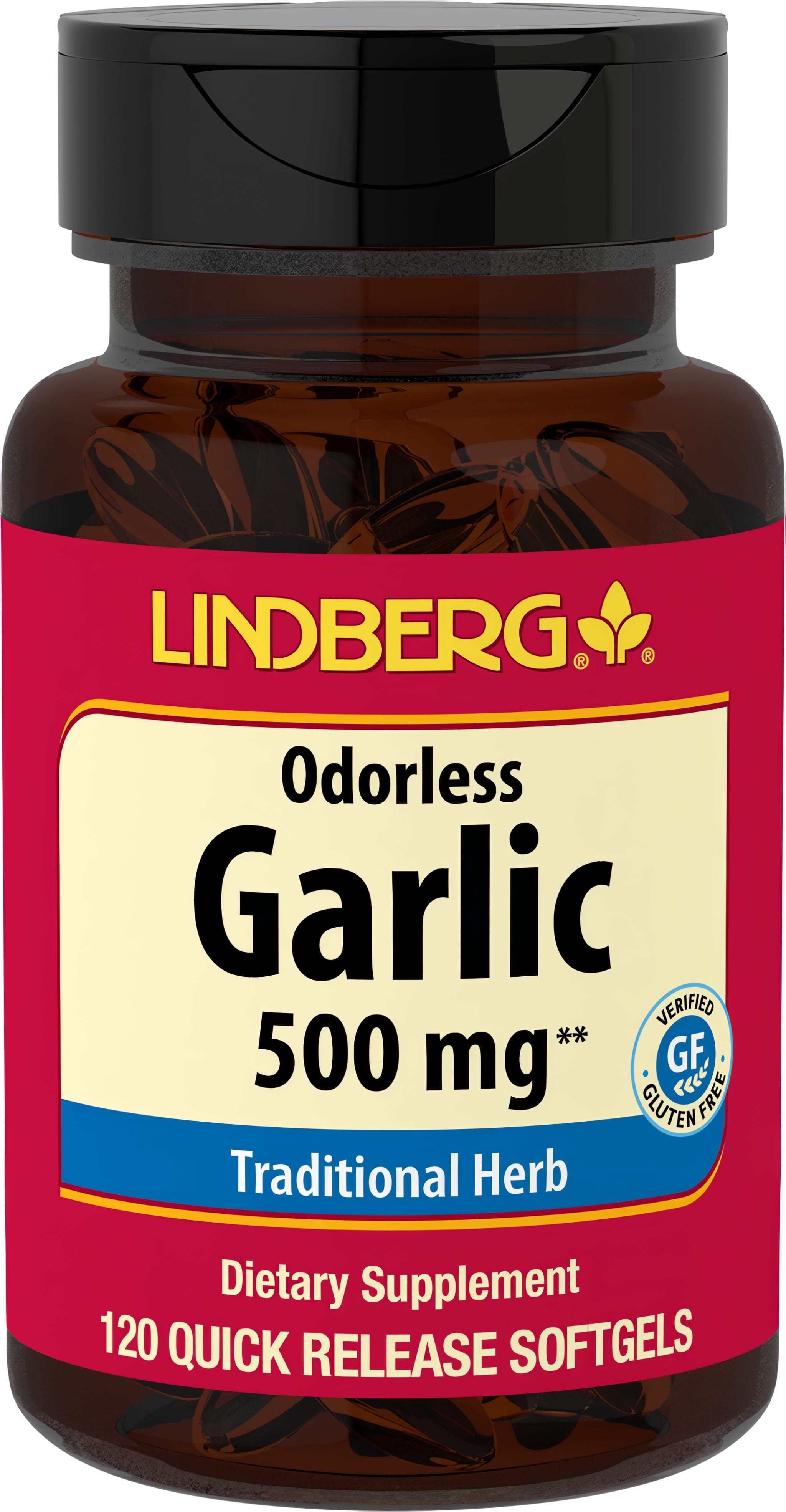Lindberg Odorless Garlic 500 mg, 120 Quick Release Softgels. Traditional herb, dietary supplement, verified gluten free.