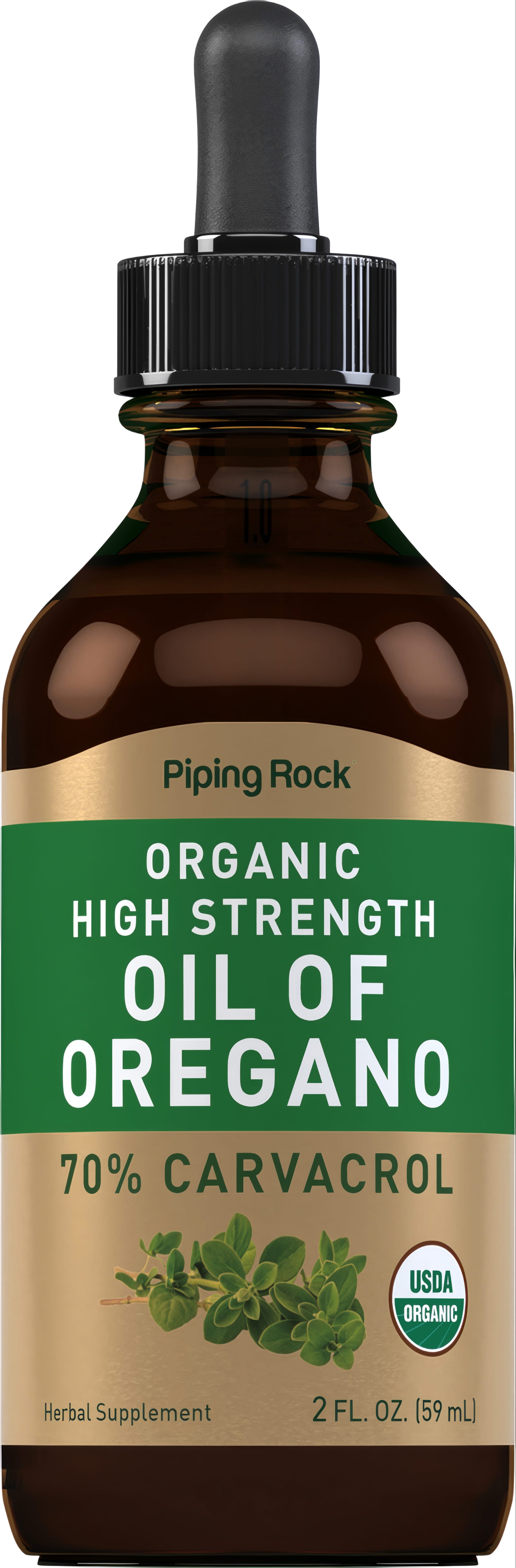 Organic High Strength Oil of Oregano herbal supplement, 70% Carvacrol, in a 2 fl oz (59 mL) bottle.