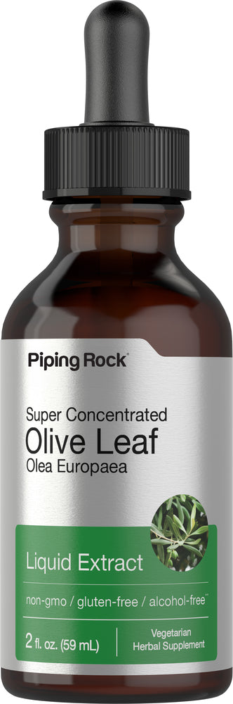 Olive Leaf Liquid Extract 2 fl. oz., non-GMO, gluten-free, and alcohol-free vegetarian herbal supplement.