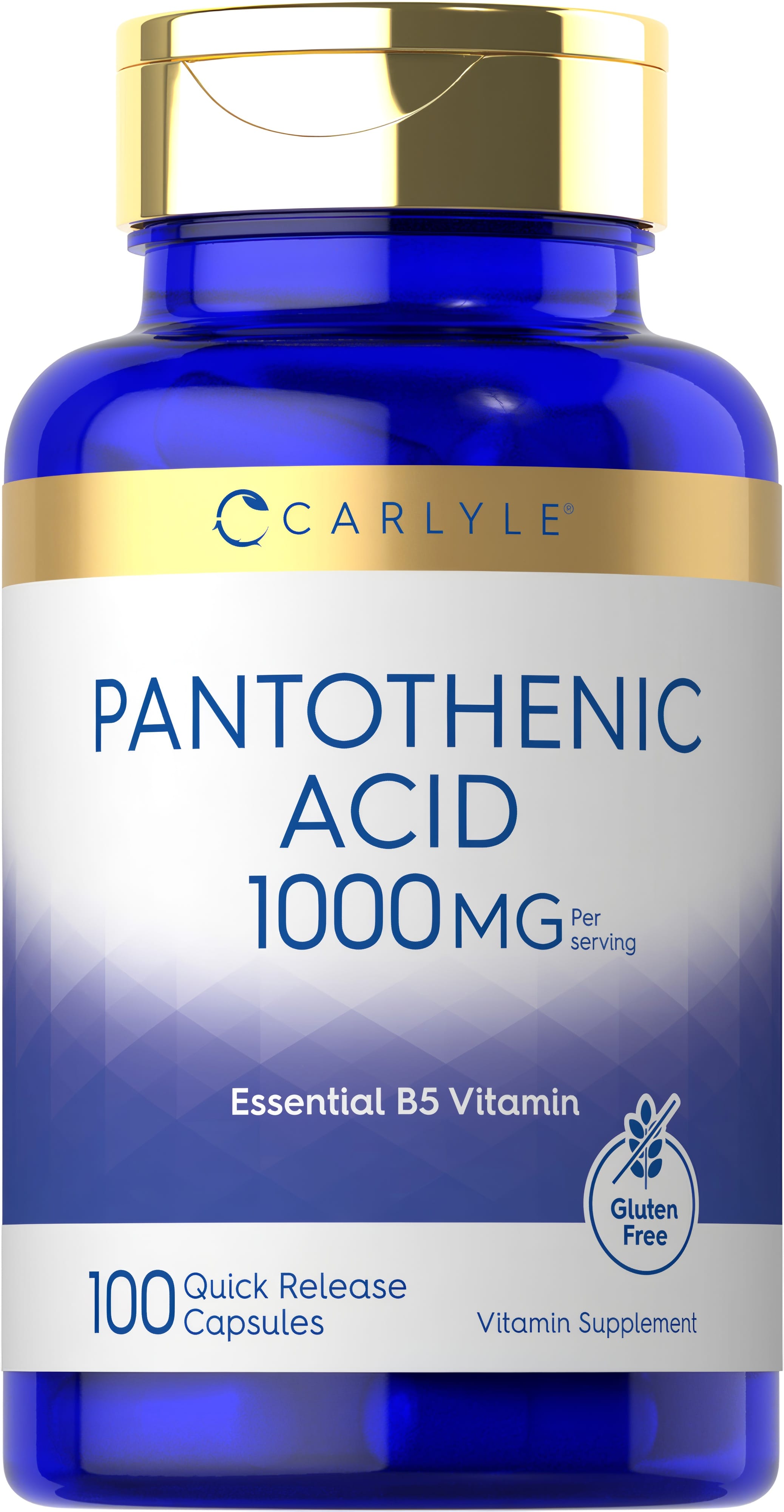 Carlyle Pantothenic Acid 1000mg, 100 quick-release capsules, gluten-free vitamin supplement for health.