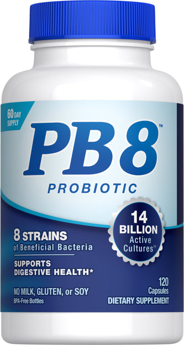 Supplement Facts panel for PB8 14 Billion CFU Probiotic, containing 120 capsules.