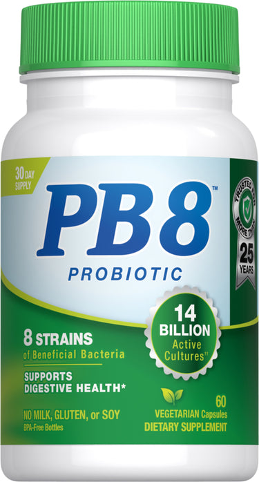 This is the Supplement Facts panel for PB8 14 Billion CFU, containing 60 vegetarian capsules.