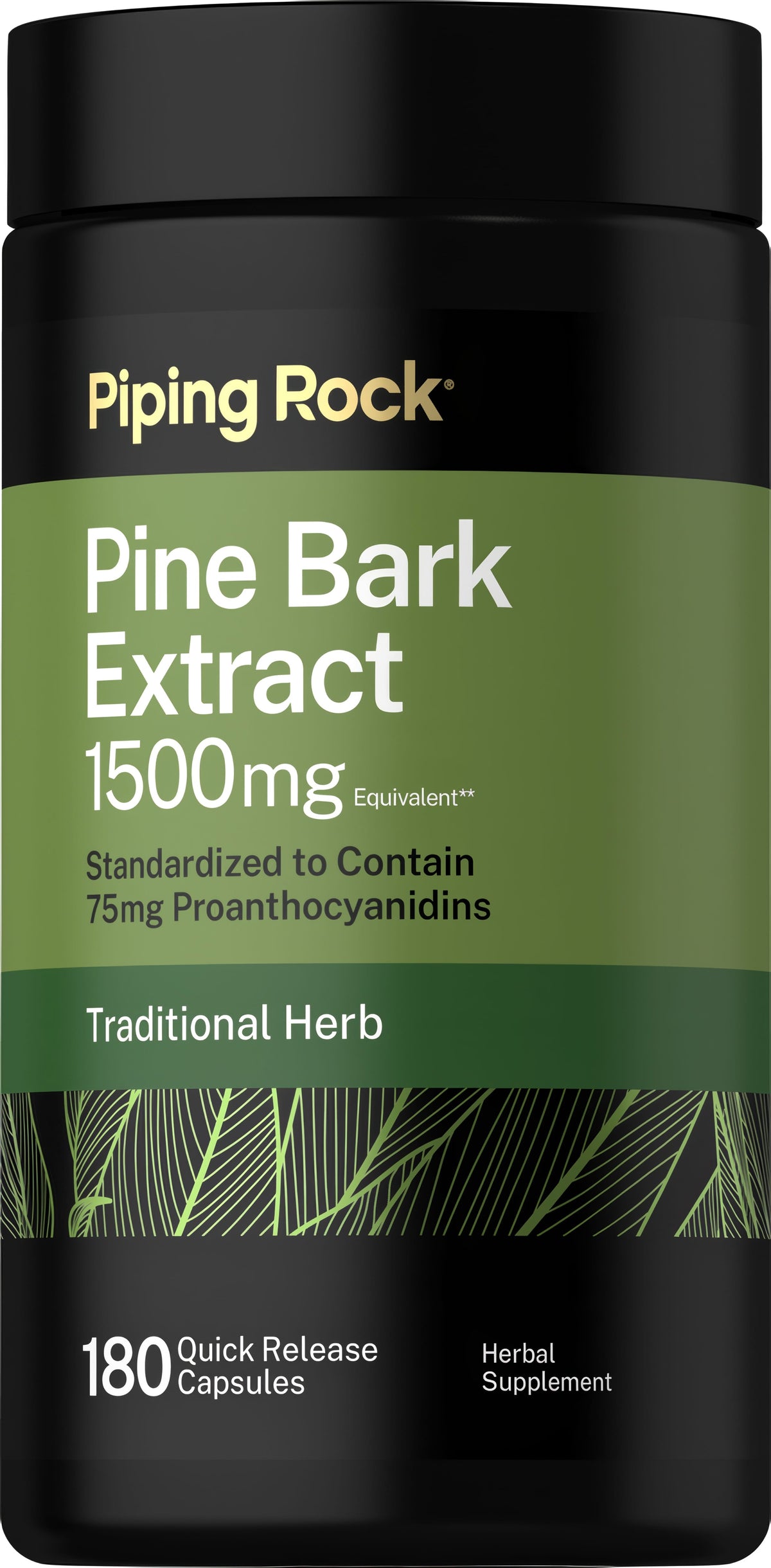 Pine Bark Extract, 1500mg Equivalent, standardized with 75mg proanthocyanidins, in 180 quick-release capsules.