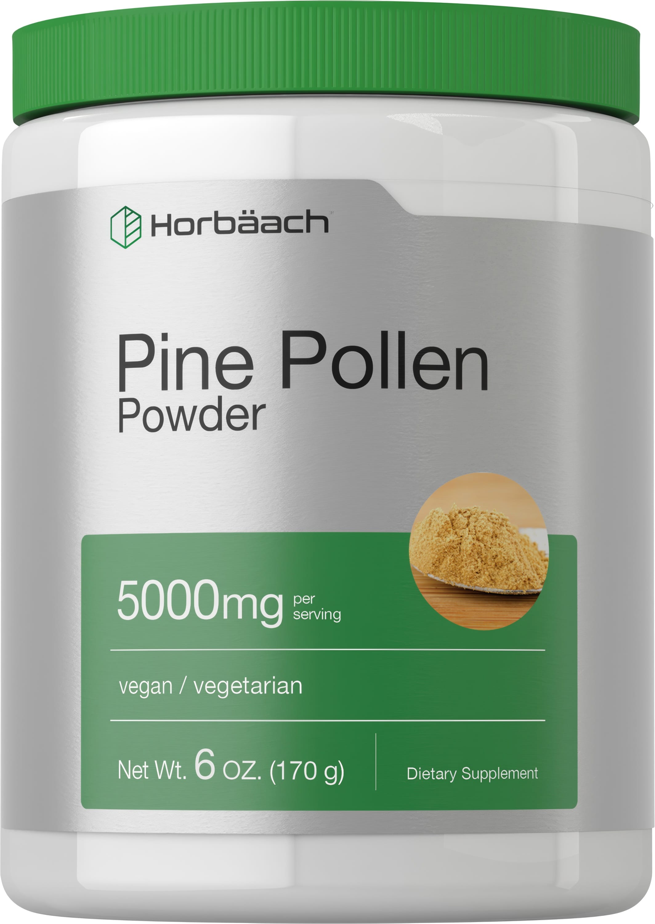 Horbäach Pine Pollen Powder, 5000mg per serving, vegan/vegetarian, Net Wt. 6 OZ. (170 g), Dietary Supplement.