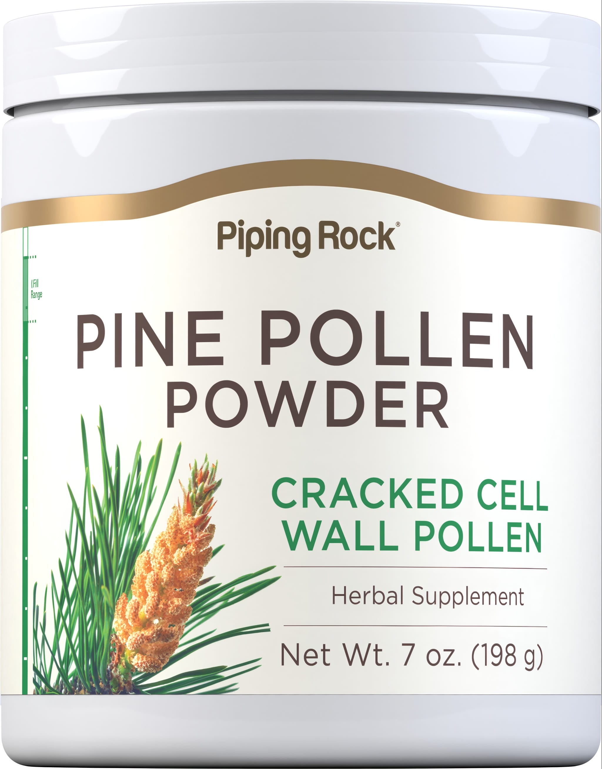 Pine Pollen Powder, cracked cell wall herbal supplement, with a net weight of 7 oz (198 g).