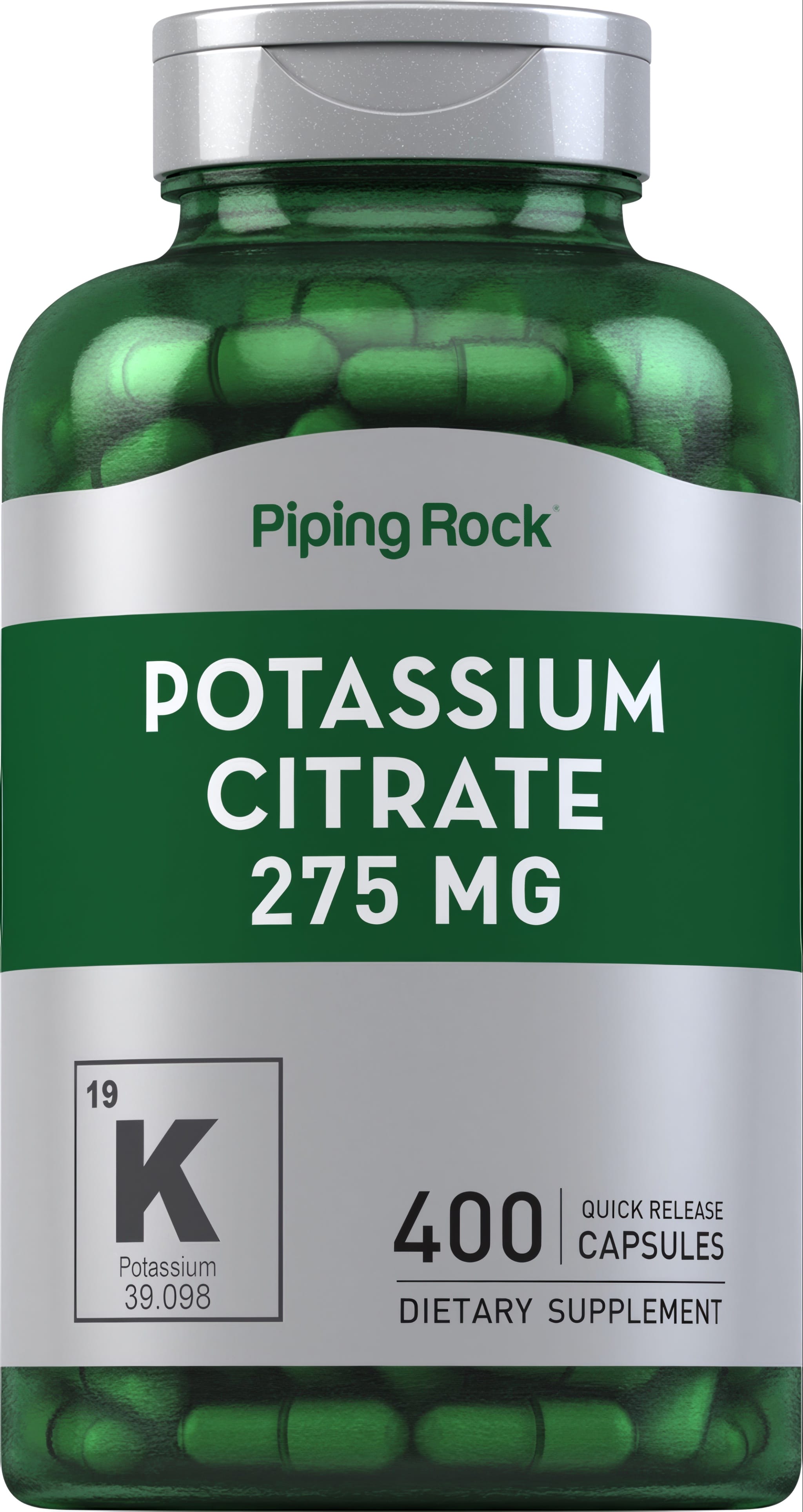 Potassium Citrate 275 MG, 400 quick-release capsules, dietary supplement in a bottle.