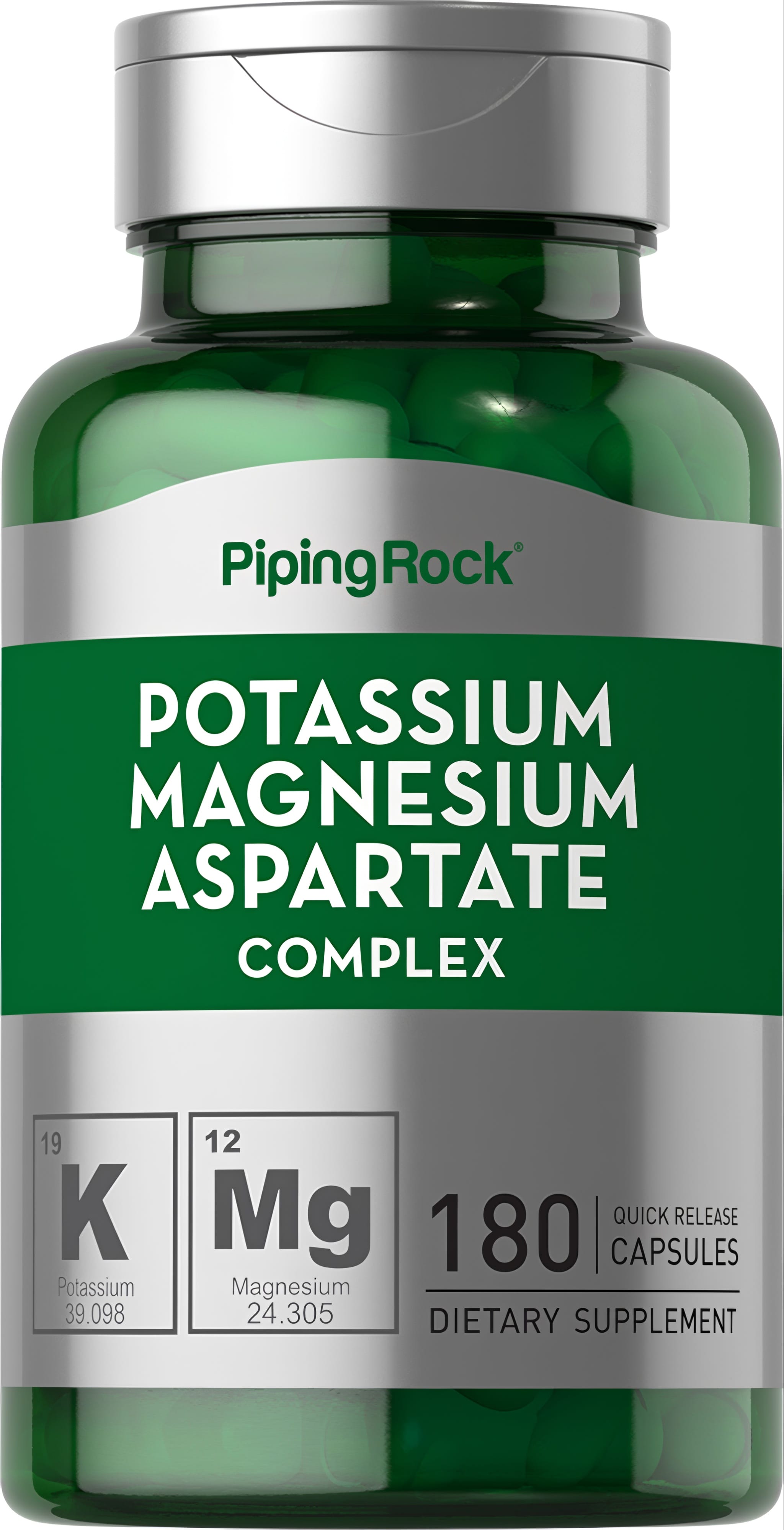 Dietary supplement with 180 quick release capsules of Potassium Magnesium Aspartate Complex.