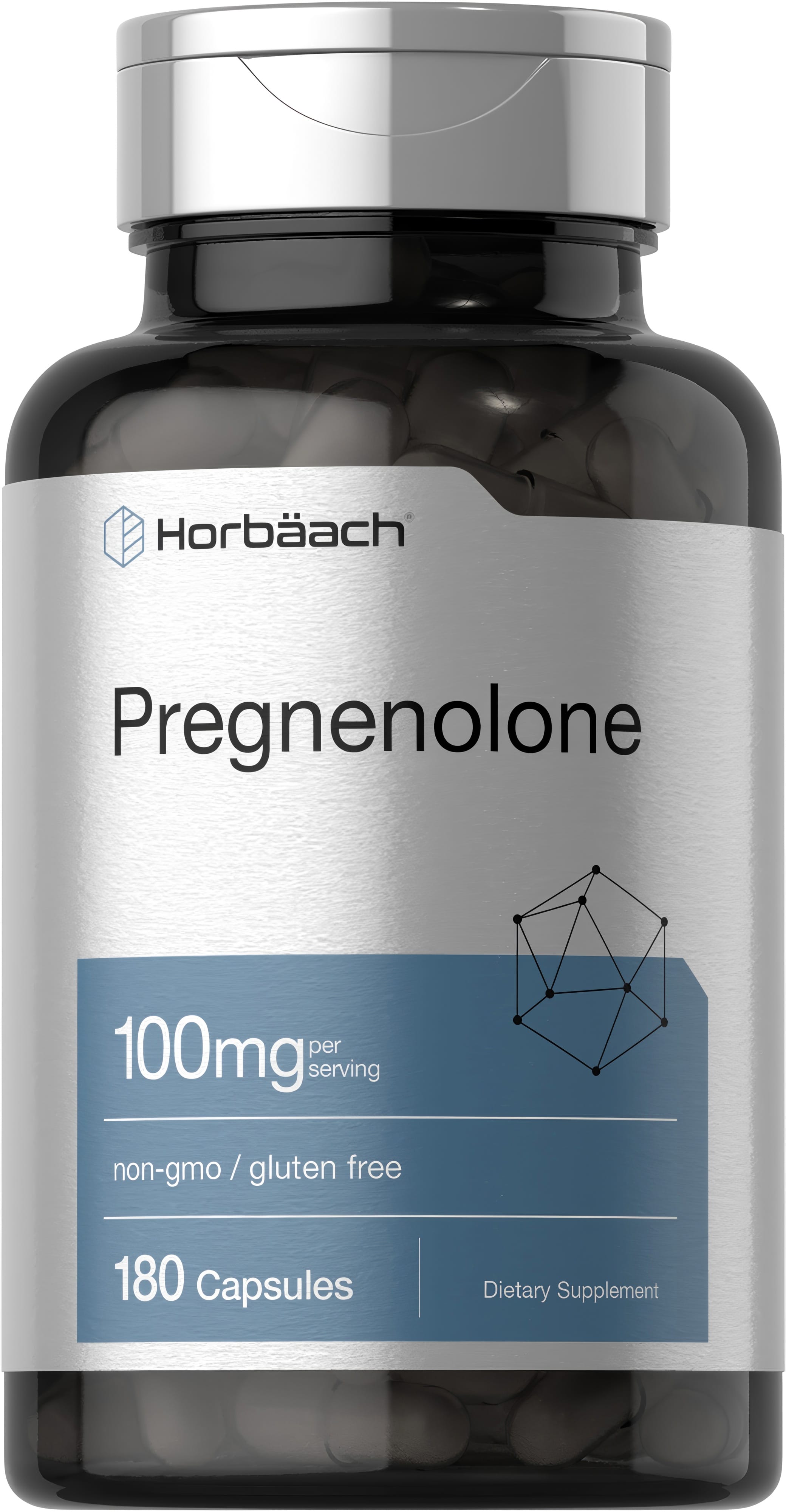 Horbäach Pregnenolone 100 mg bottle containing 180 capsules on display.