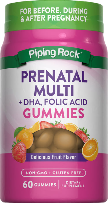 Prenatal Multi + DHA, Folic Acid Gummies for before, during & after pregnancy. Non-GMO and Gluten Free, 60 gummies bottle.