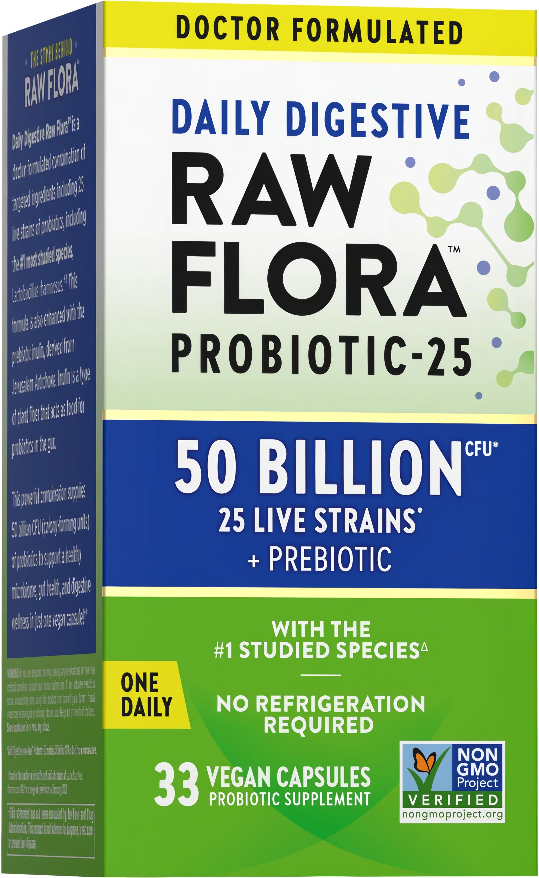 Daily Digestive Raw Flora Probiotic-25 with 50 Billion CFU, 25 live strains, and prebiotic in 33 vegan capsules.