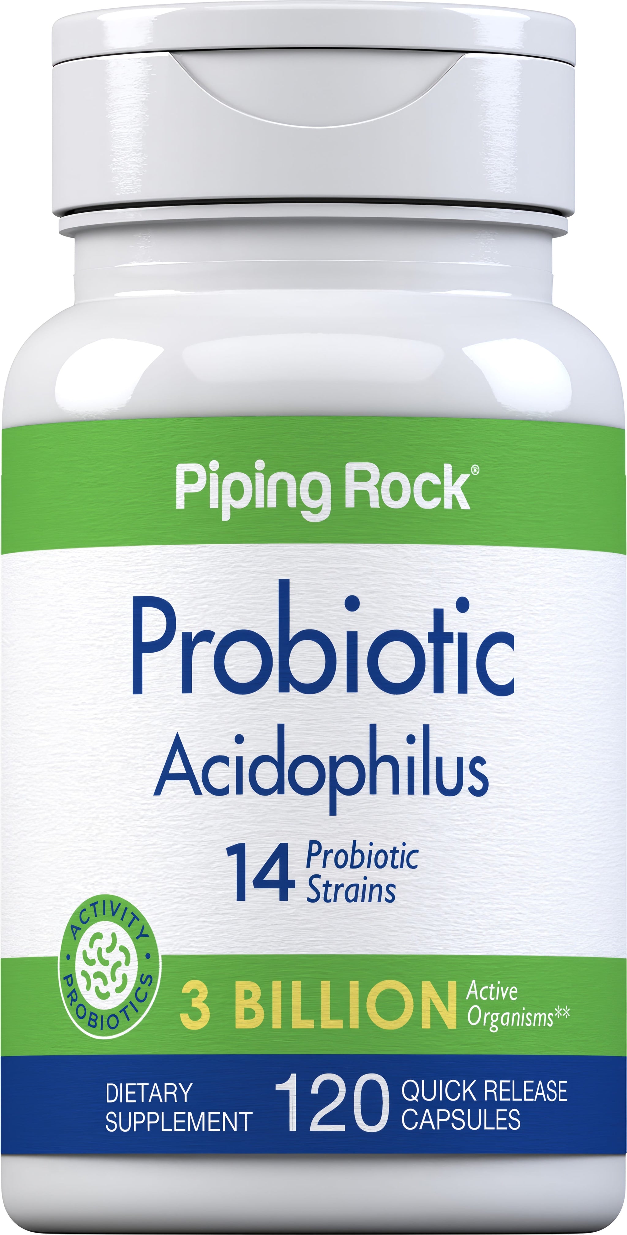 Probiotic Acidophilus with 14 strains, 3 billion active organisms, and 120 quick release capsules for digestive health.