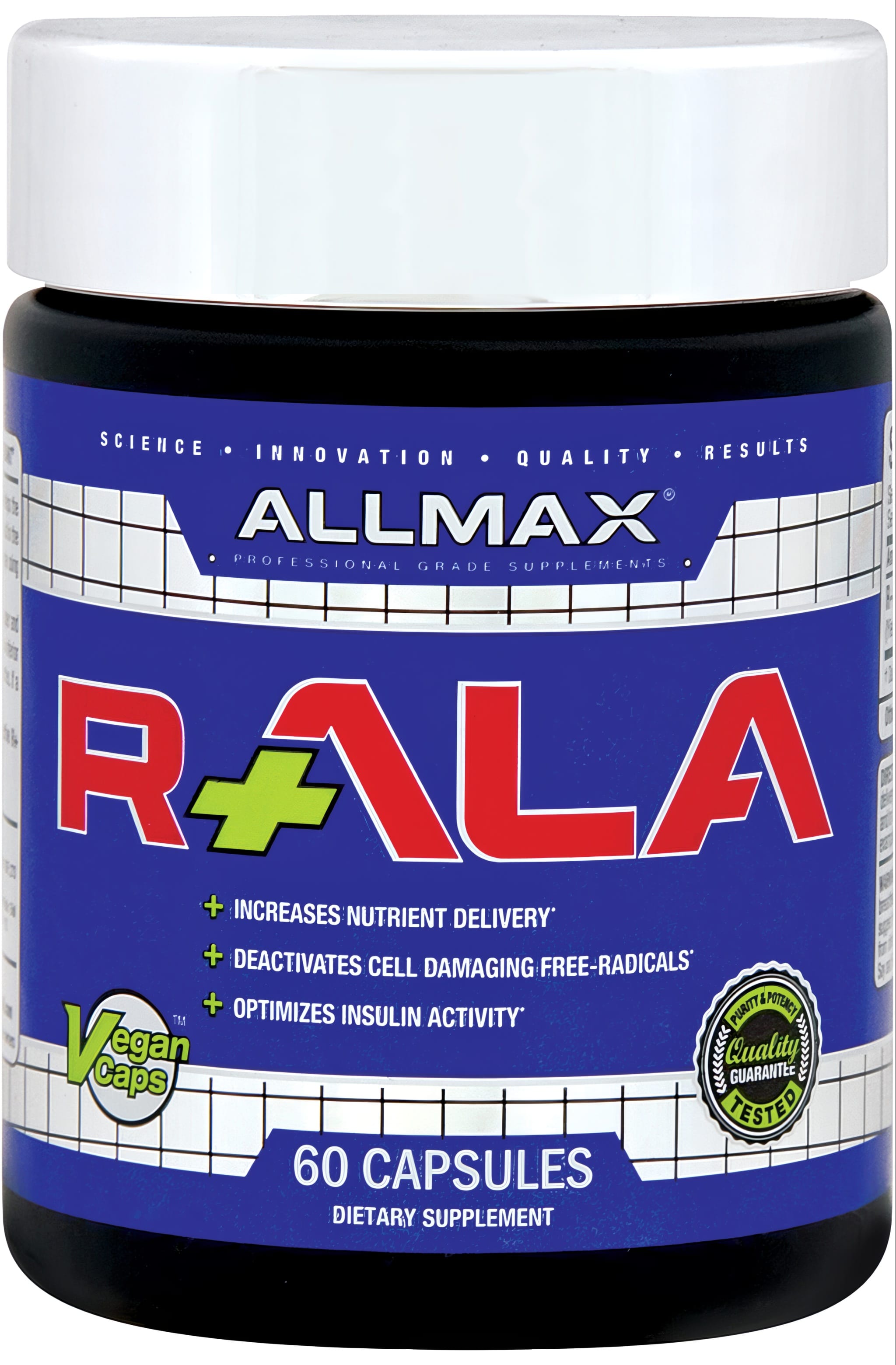 Allmax R-Alpha Lipoic Acid supplement 150 mg, available in a 60 capsule bottle for antioxidant support.