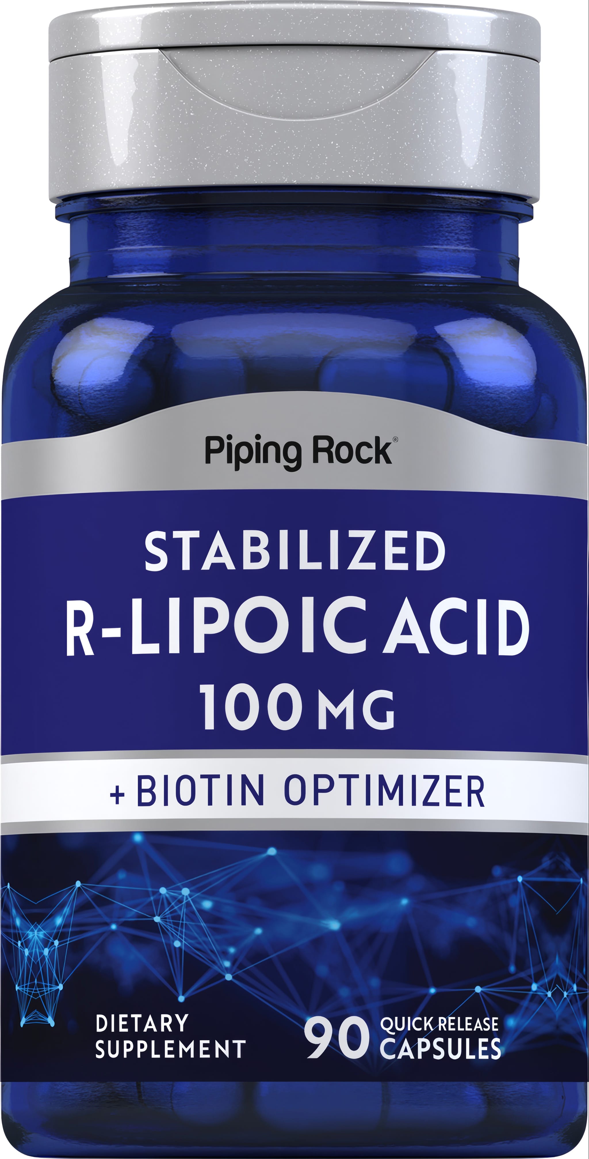 Stabilized R-Lipoic Acid 100 mg plus Biotin Optimizer in 90 quick release capsules.