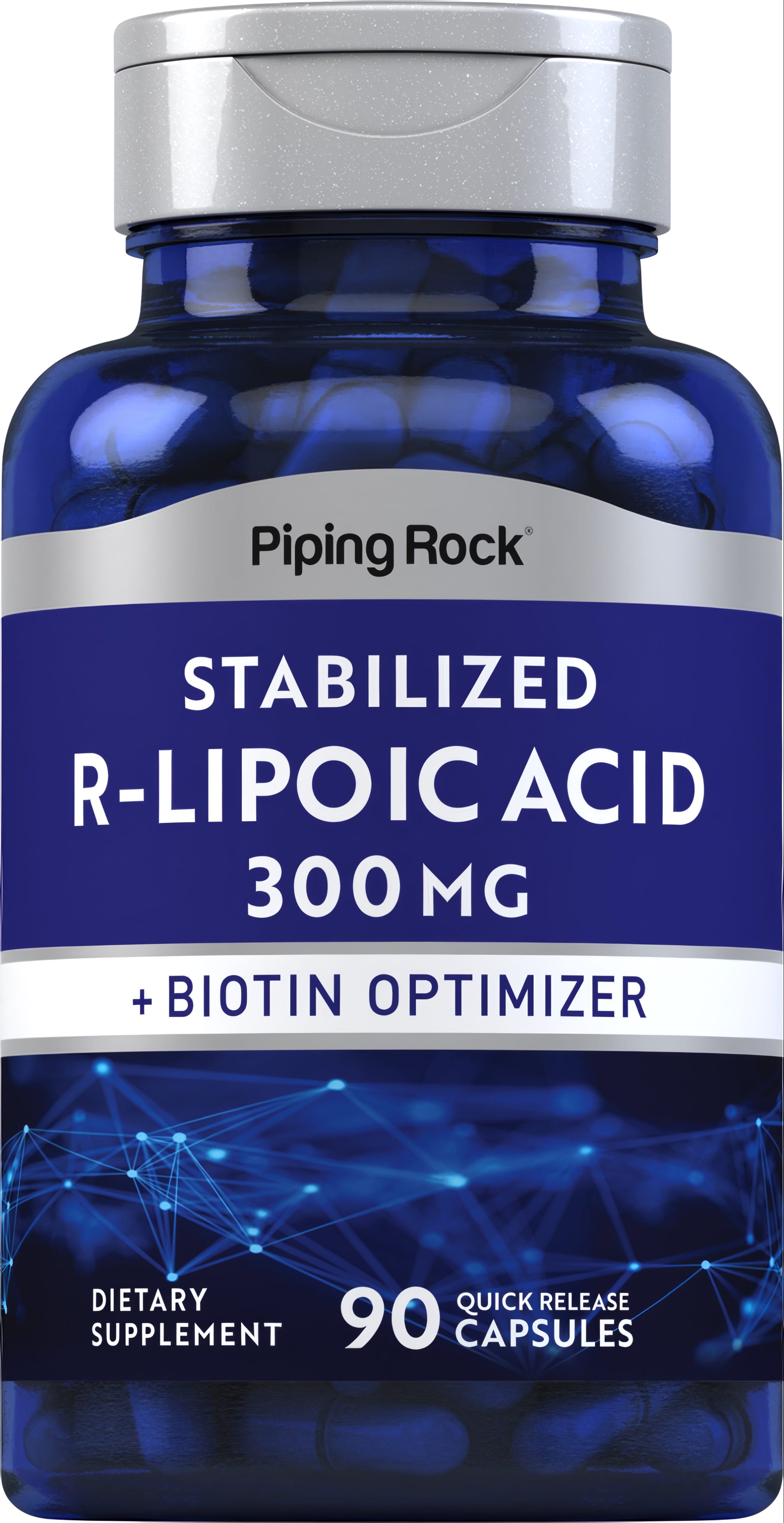 Stabilized R-Lipoic Acid 300 mg with Biotin, dietary supplement in 90 quick-release capsules.
