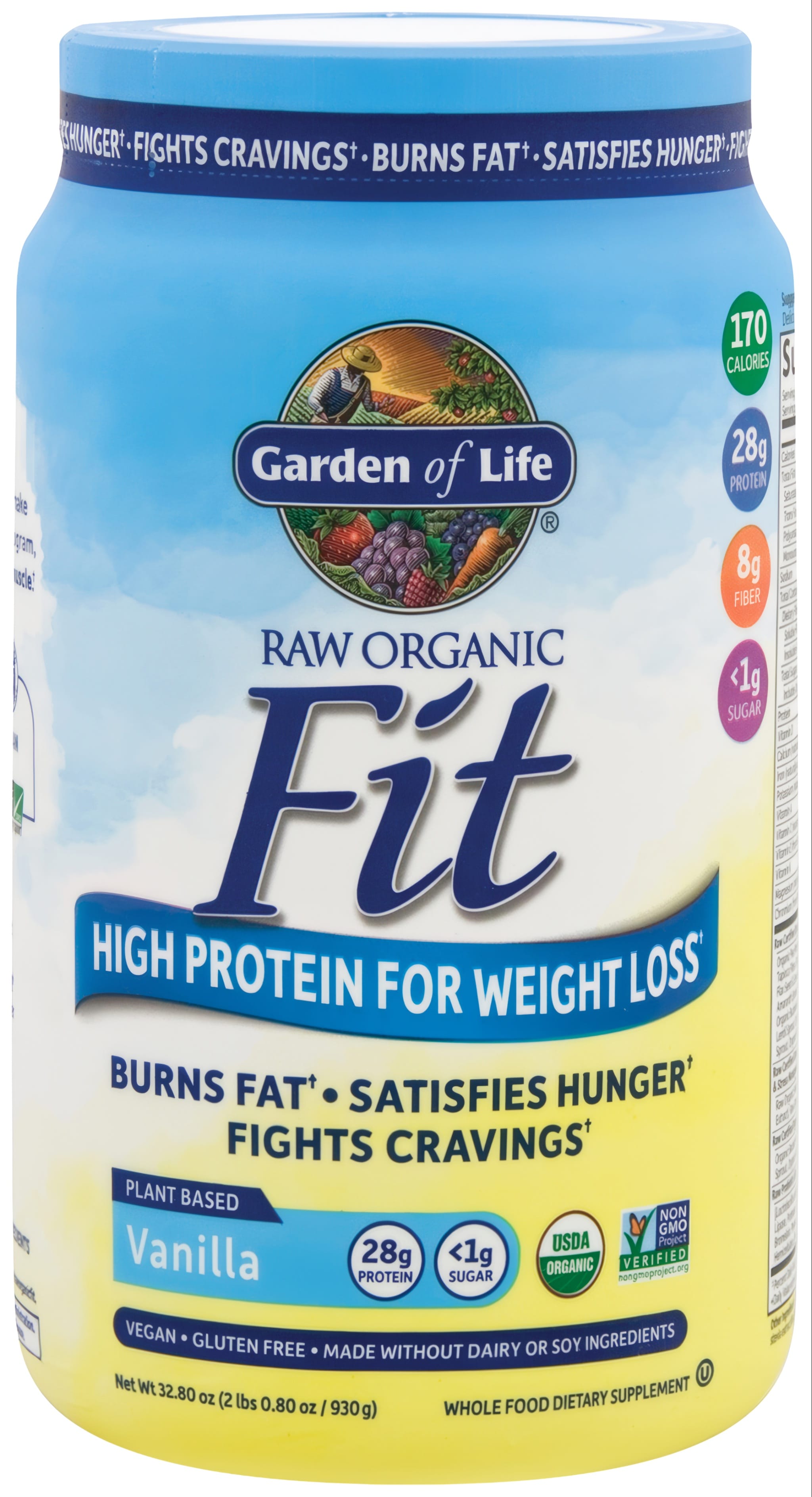 Garden of Life Raw Organic Fit Vanilla protein powder in a 930 g (32.80 oz) bottle.