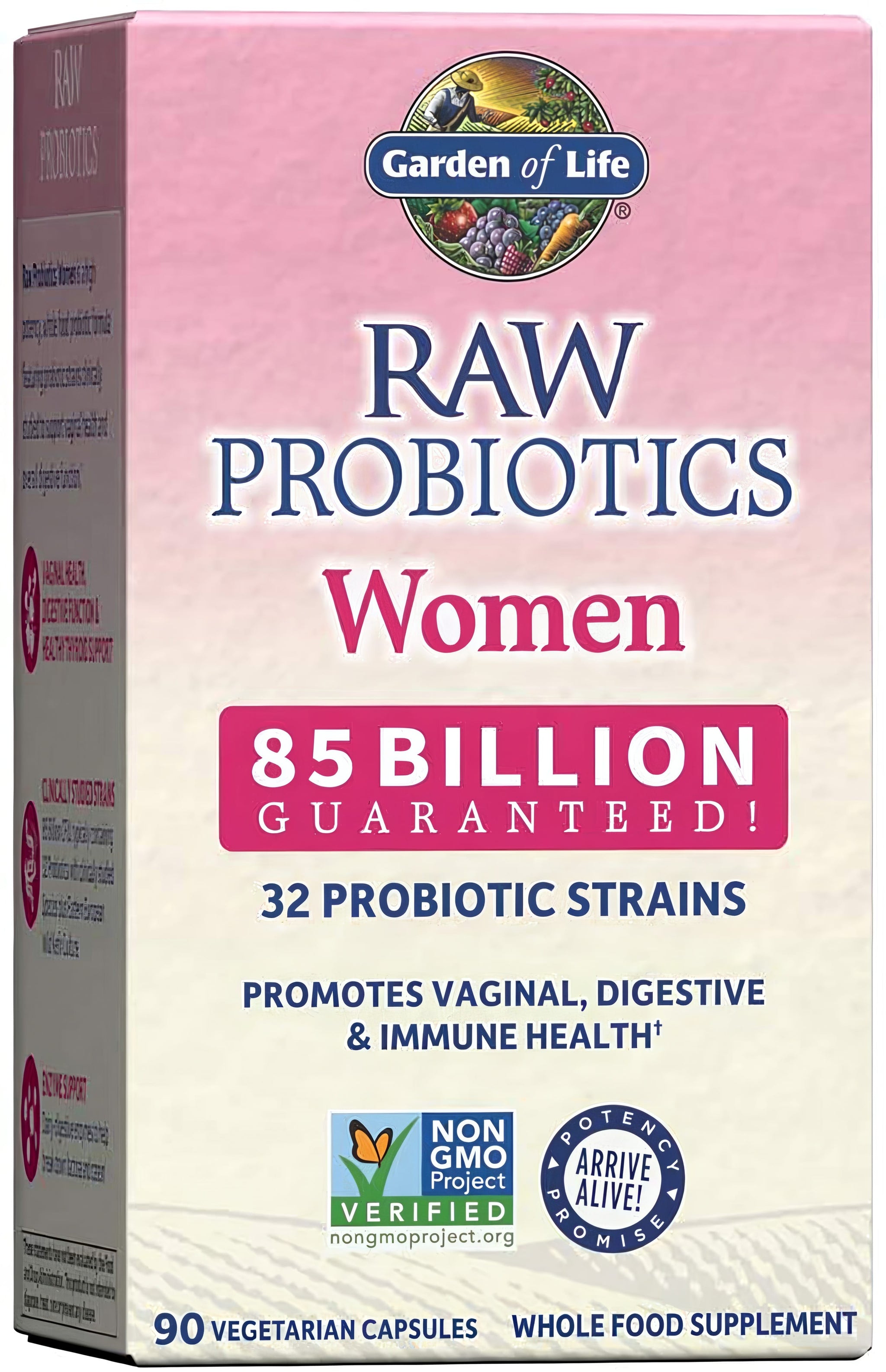 Garden of Life Raw Probiotics Women, 90 Vegetarian Capsules, offering 85 Billion Guaranteed CFU and 32 Probiotic Strains.