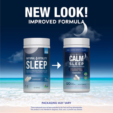 NV Calm Sleep Magnesium Glycinate + Melatonin 120 Vegan Capsules, displaying old and new packaging designs.