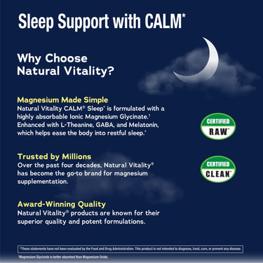 Graphic of NV Calm Sleep Mag Glycinate with Melatonin: Includes 'Sleep Support', Magnesium Glycinate, Melatonin, CERTIFIED RAW, C.L.E.A.N.