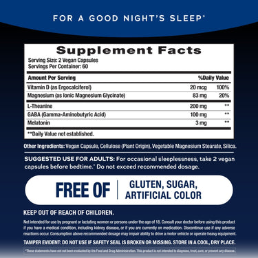 Supplement Facts panel for NV Calm Sleep Magnesium Glycinate and Melatonin, 120 Veg Caps.