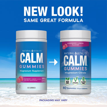 New look for Natural Vitality Calm Gummies Raspberry-Lemon, 60 ct. Features Magnesium Citrate, non-GMO, vegan, gluten-free.