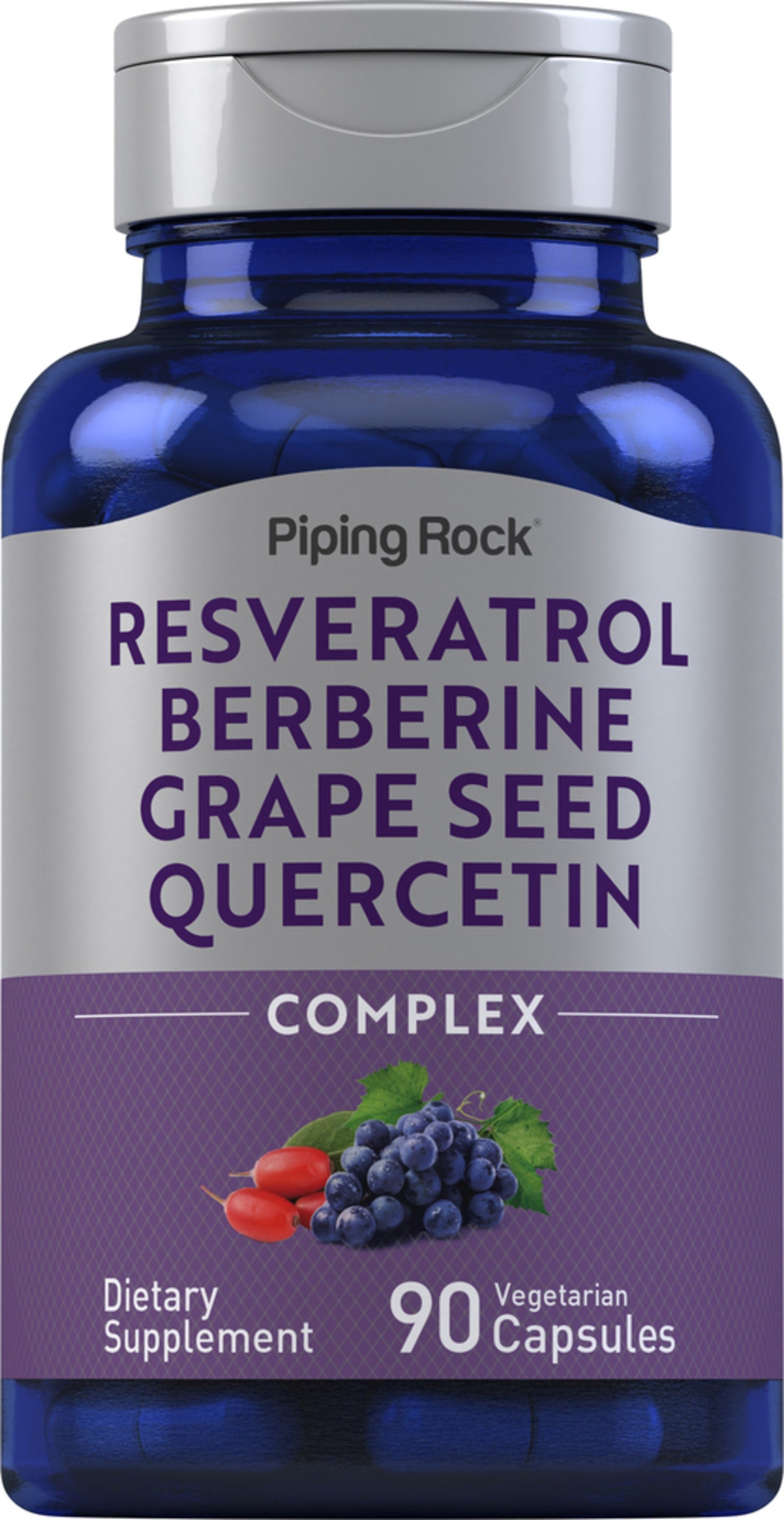 Dietary supplement bottle of Resveratrol Berberine Grape Seed Quercetin Complex, 90 vegetarian capsules.