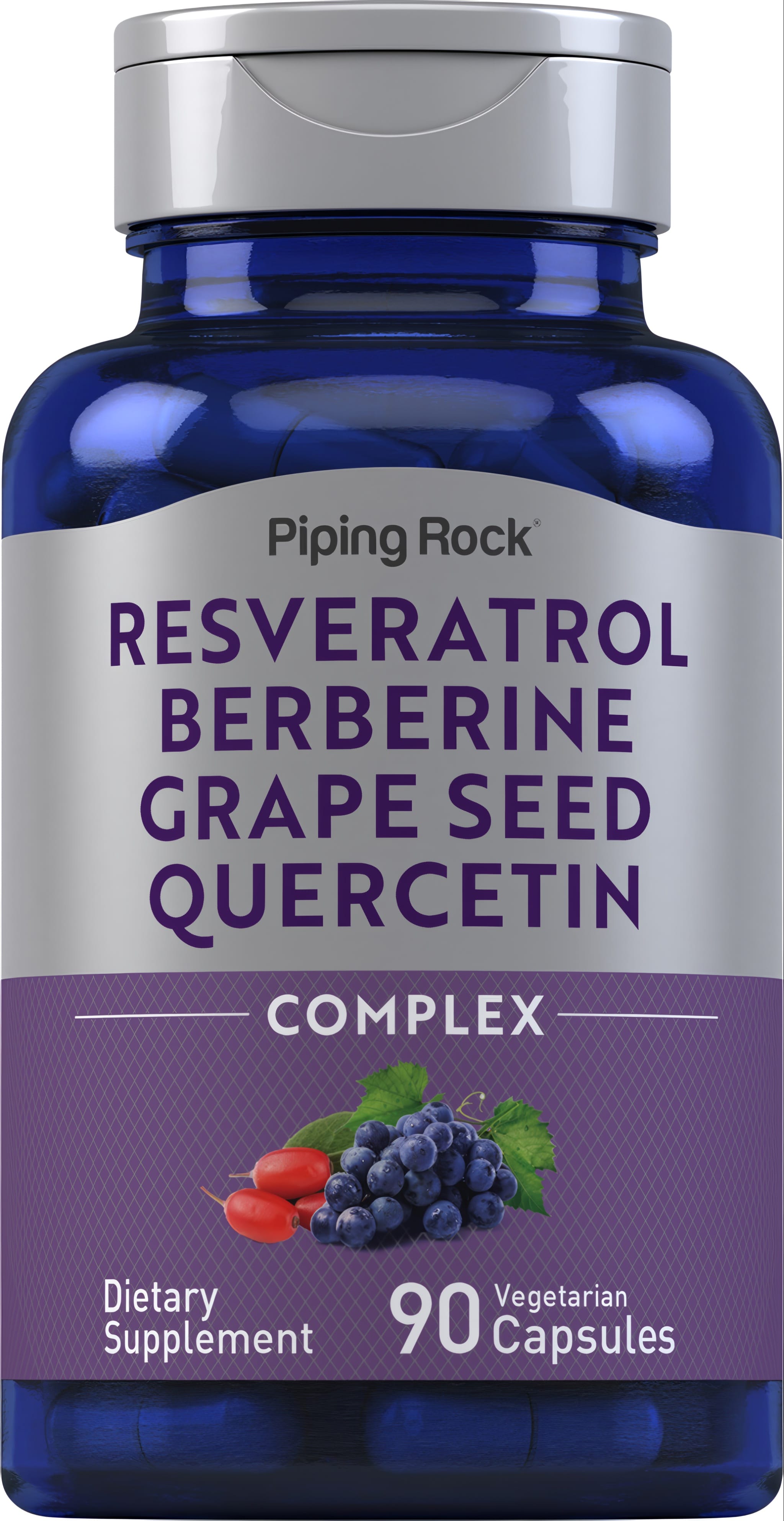 Resveratrol Berberine Grape Seed Quercetin Complex supplement, 90 vegetarian capsules in a bottle.