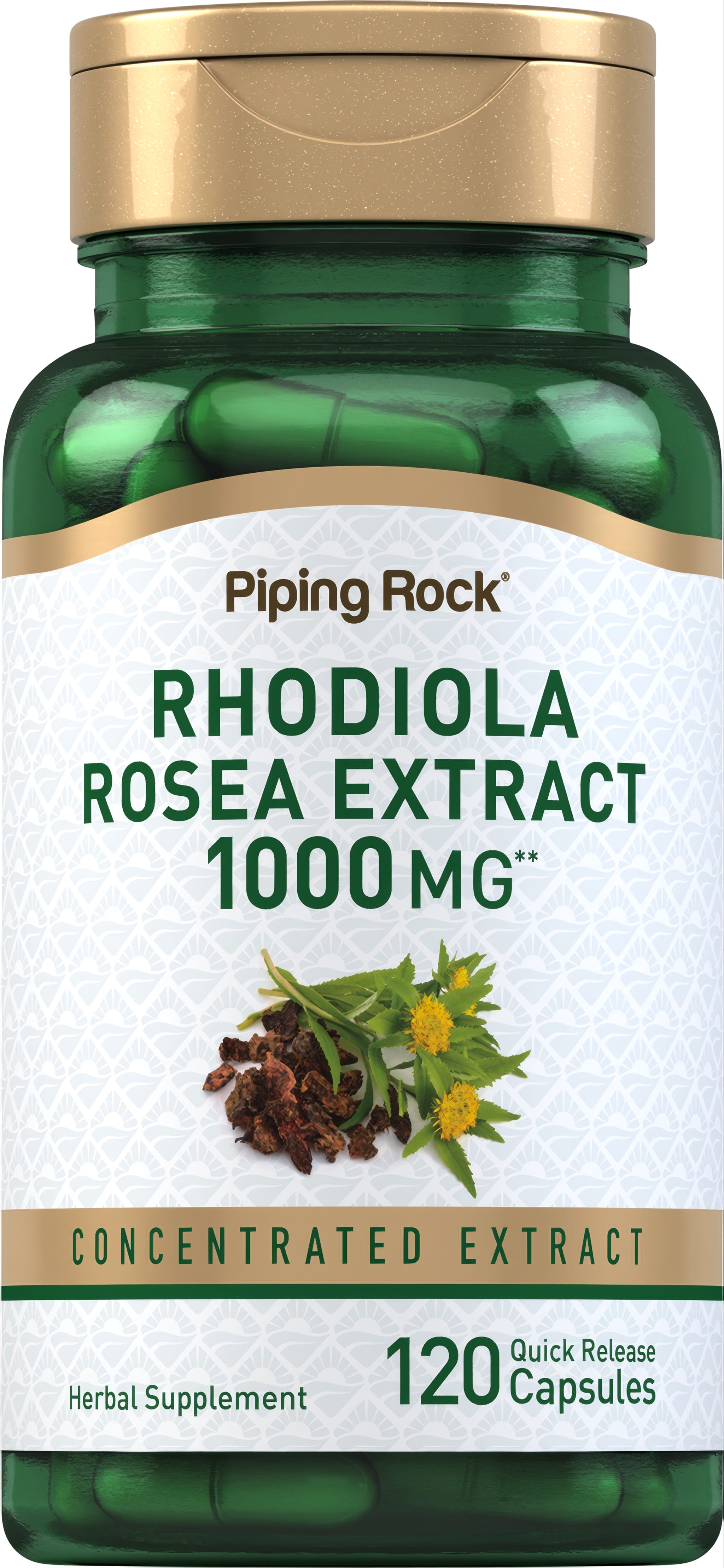 Rhodiola Rosea Extract 1000 MG, concentrated herbal supplement, includes 120 quick-release capsules.