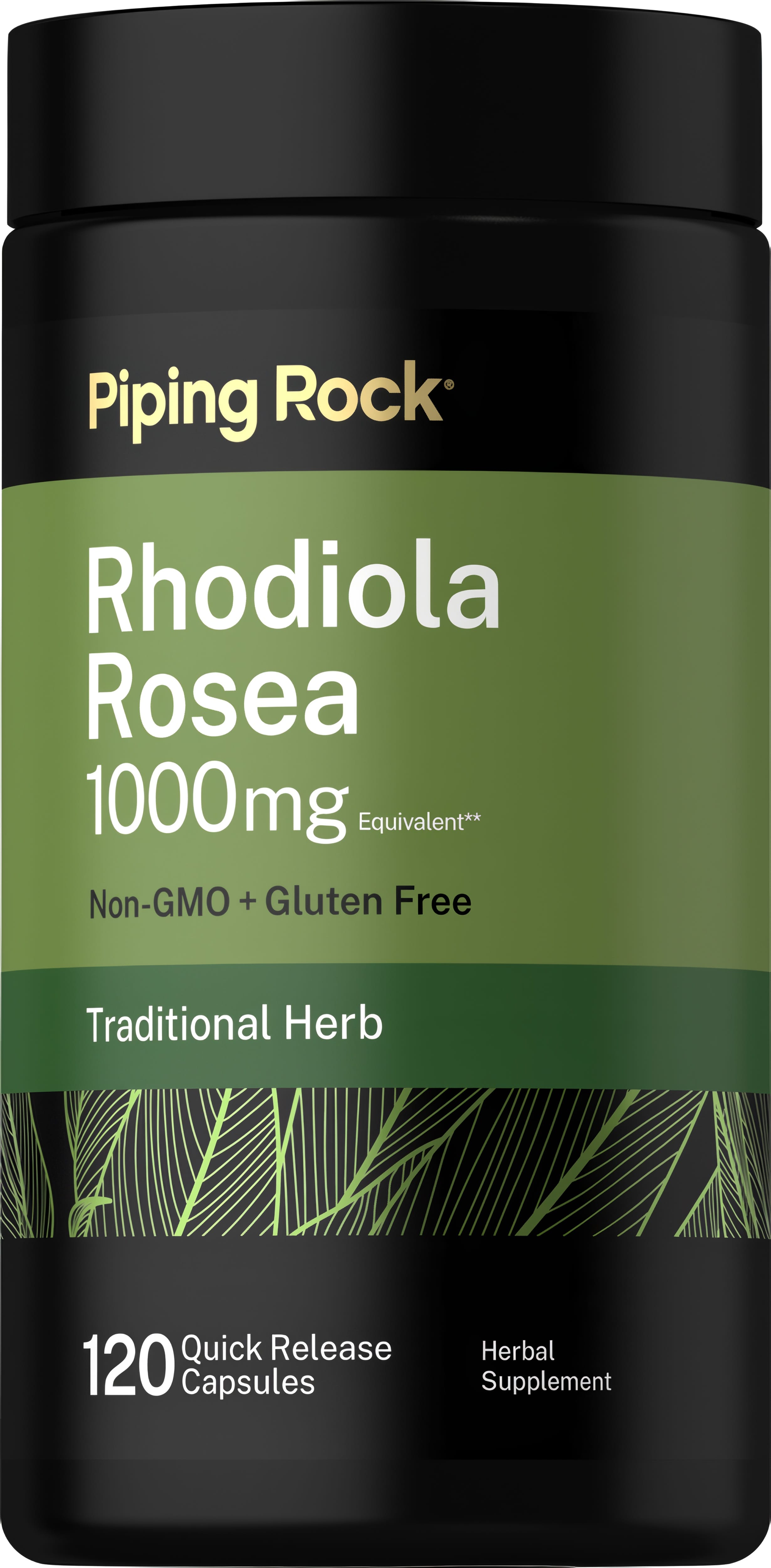 Rhodiola Rosea 1000mg herbal supplement, non-GMO and gluten-free, with 120 quick-release capsules.