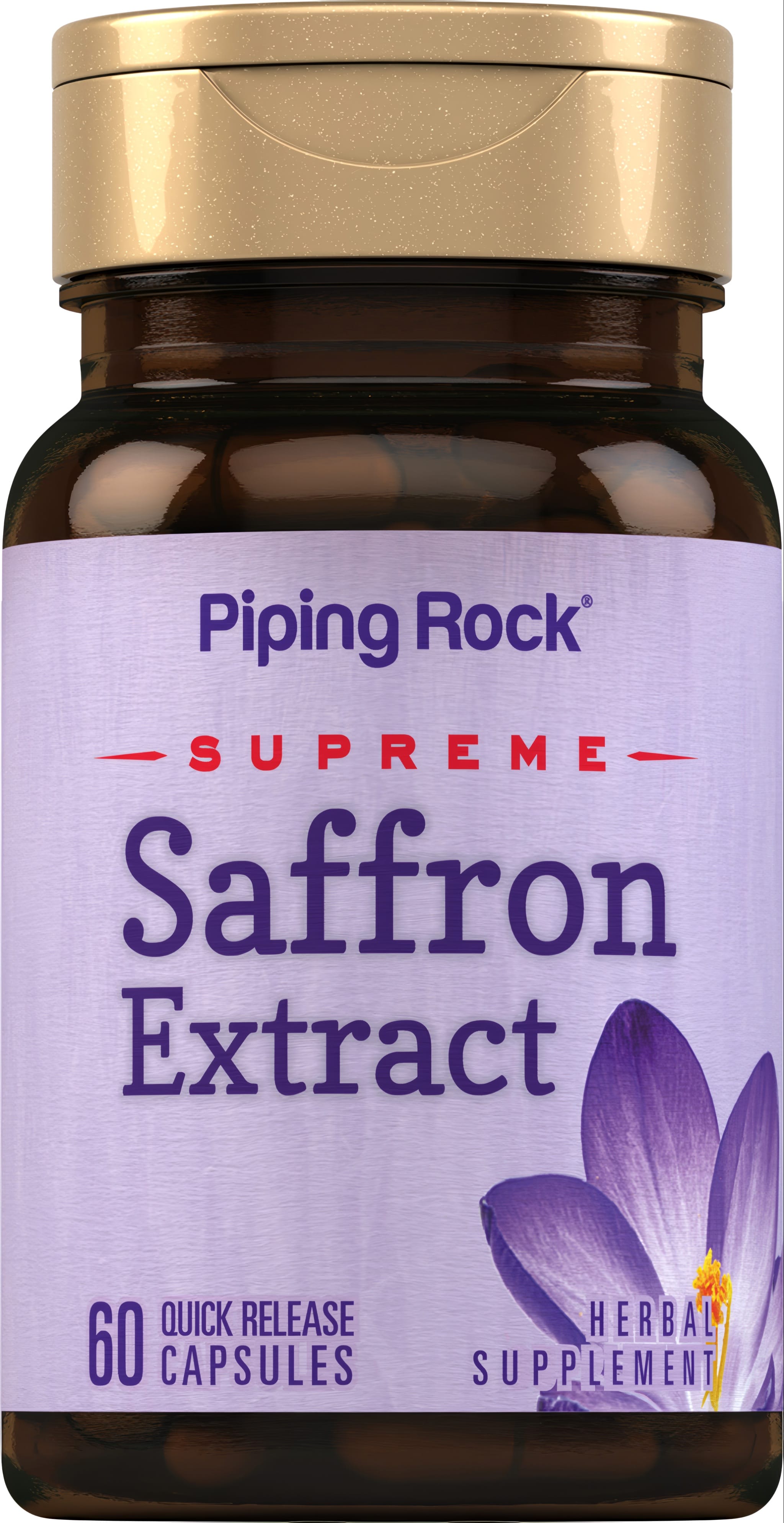 Supreme Saffron Extract bottle containing 60 capsules for quick release, shown clearly to highlight the product's attributes and quantity.