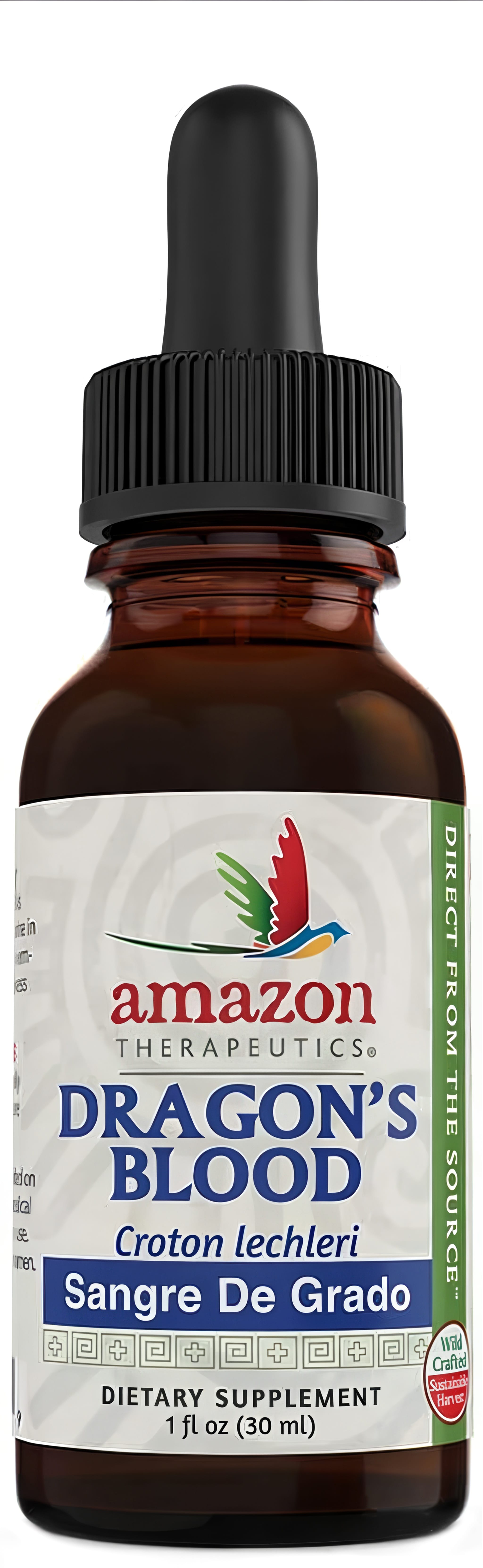 Amazon Therapeutics Dragon's Blood, a dietary supplement featuring Croton lechleri, in a 1 fl oz (30 ml) bottle.