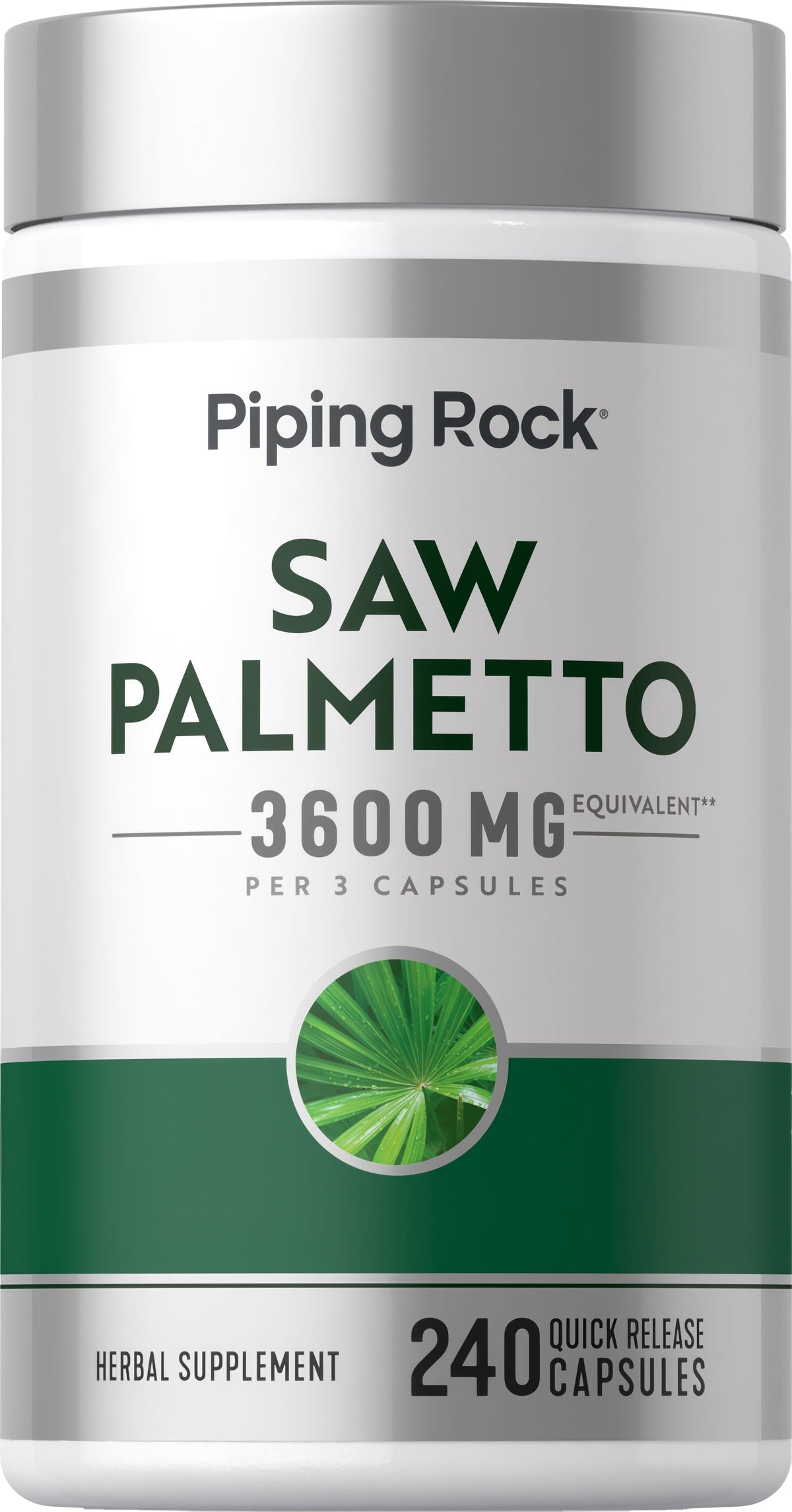 Saw Palmetto 3600 mg equivalent per 3 capsules in a bottle of 240 quick release herbal supplement capsules.