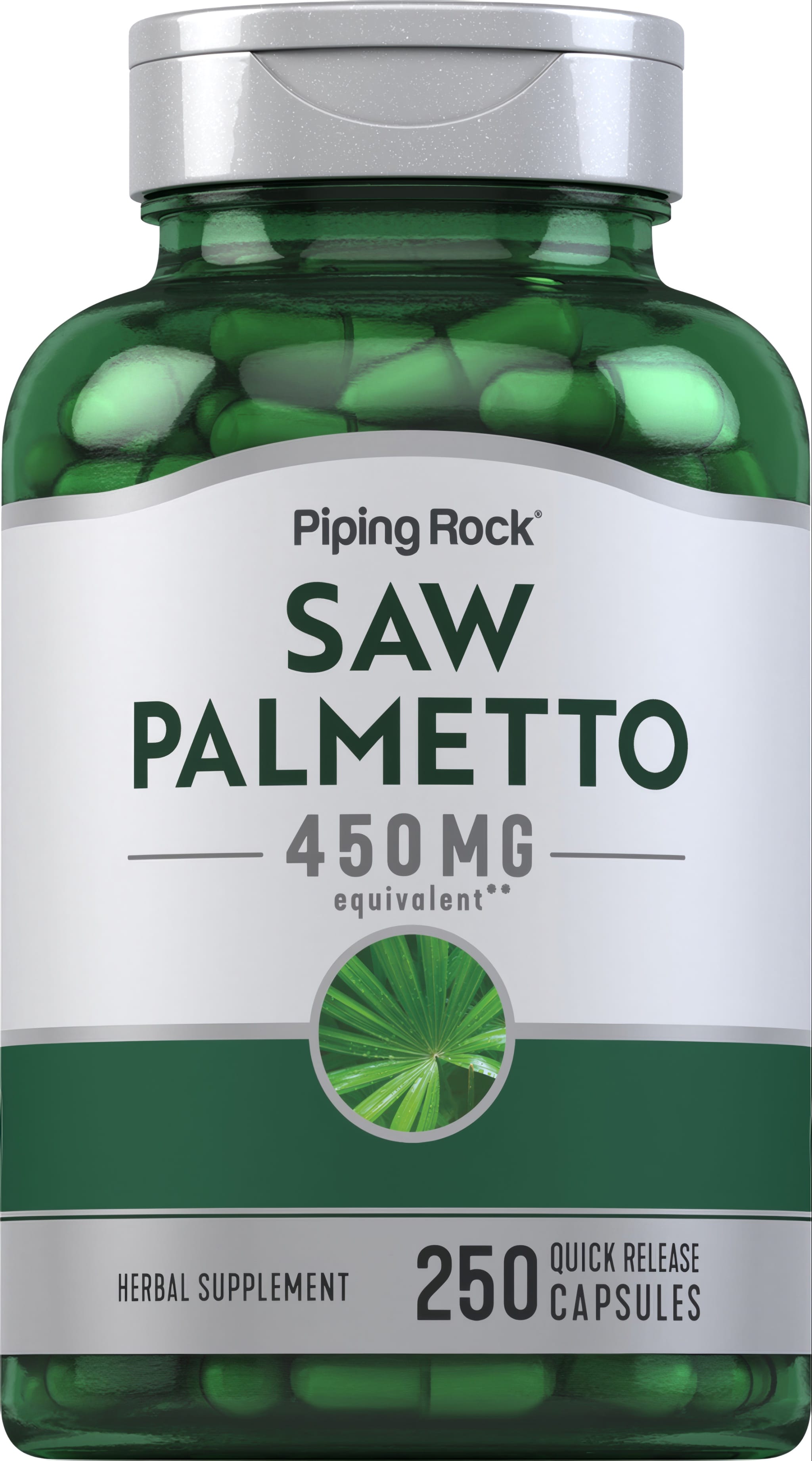 Saw Palmetto 450 MG Herbal Supplement with 250 Quick Release Capsules for natural wellness support.